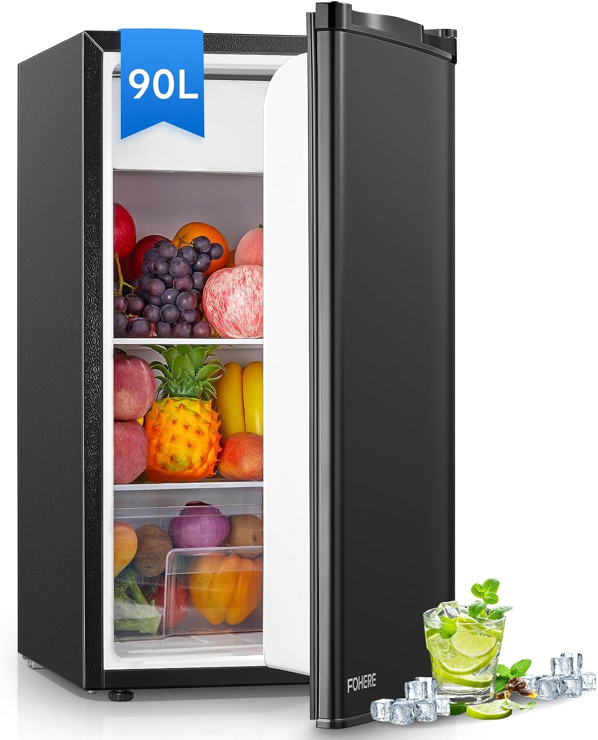 FOHERE 90L Kühlschrank mit Gefrierfach Klein & Gemüsefach | Ultra-Leiser Mini Kühlschrank für Schlafzimmer/Büro | 7-Stufen Thermostat, Energieeffizien | Schwarz