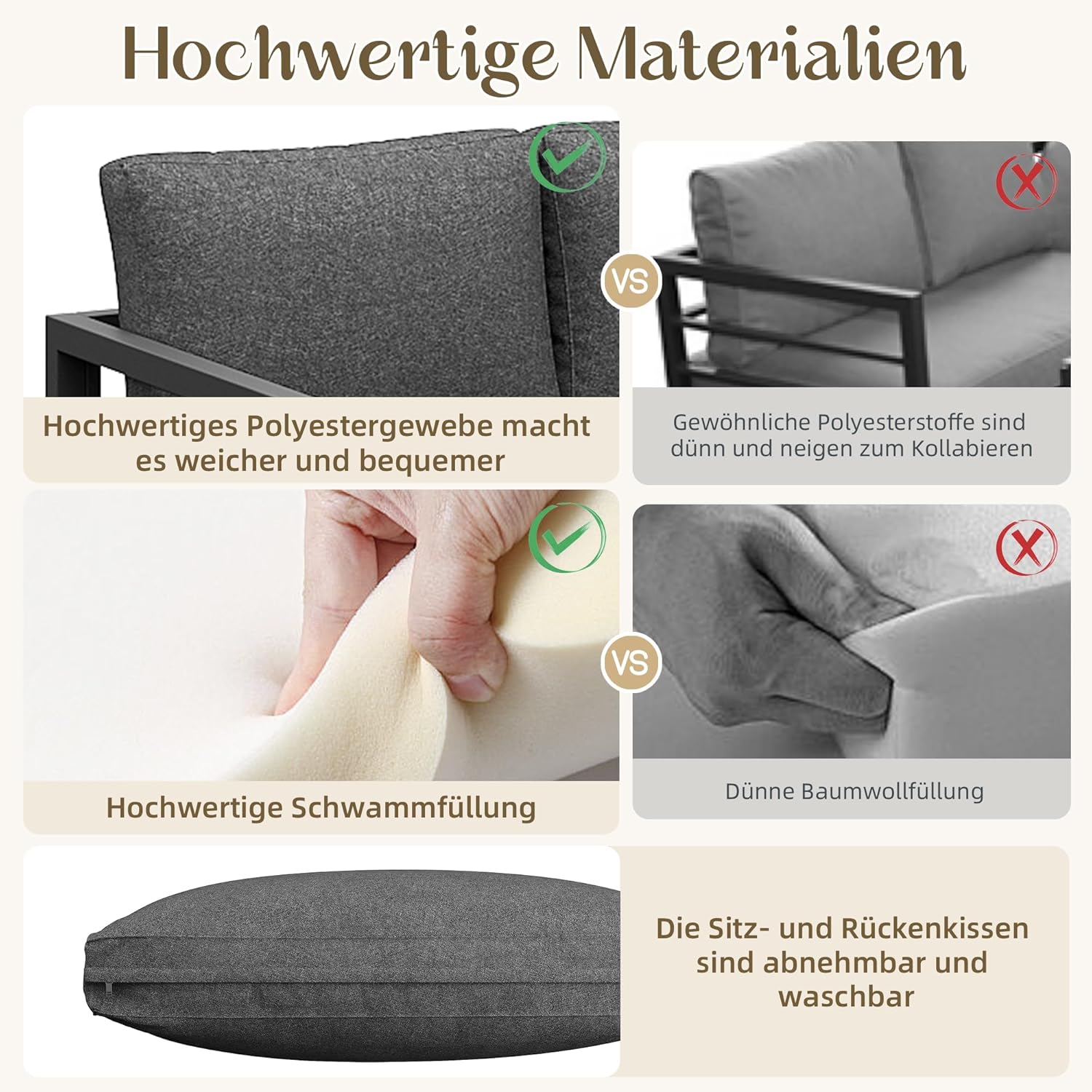 Kayan Gartenlounge Set für 4-5 Personen, Lounge Gartenmöbel Set mit Ecksofa, Sessel und Couchtisch, Balkonmöbel Wetterfest mit verzinktem Eisengestell und Kissen, verstellbare Füße, Grau