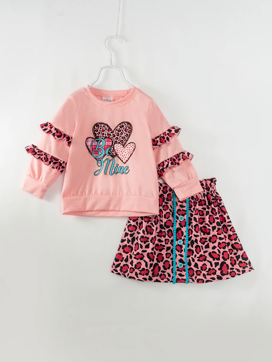 Valentine's Day Pink Leopard Heart Ruffle Girl Skirt Set