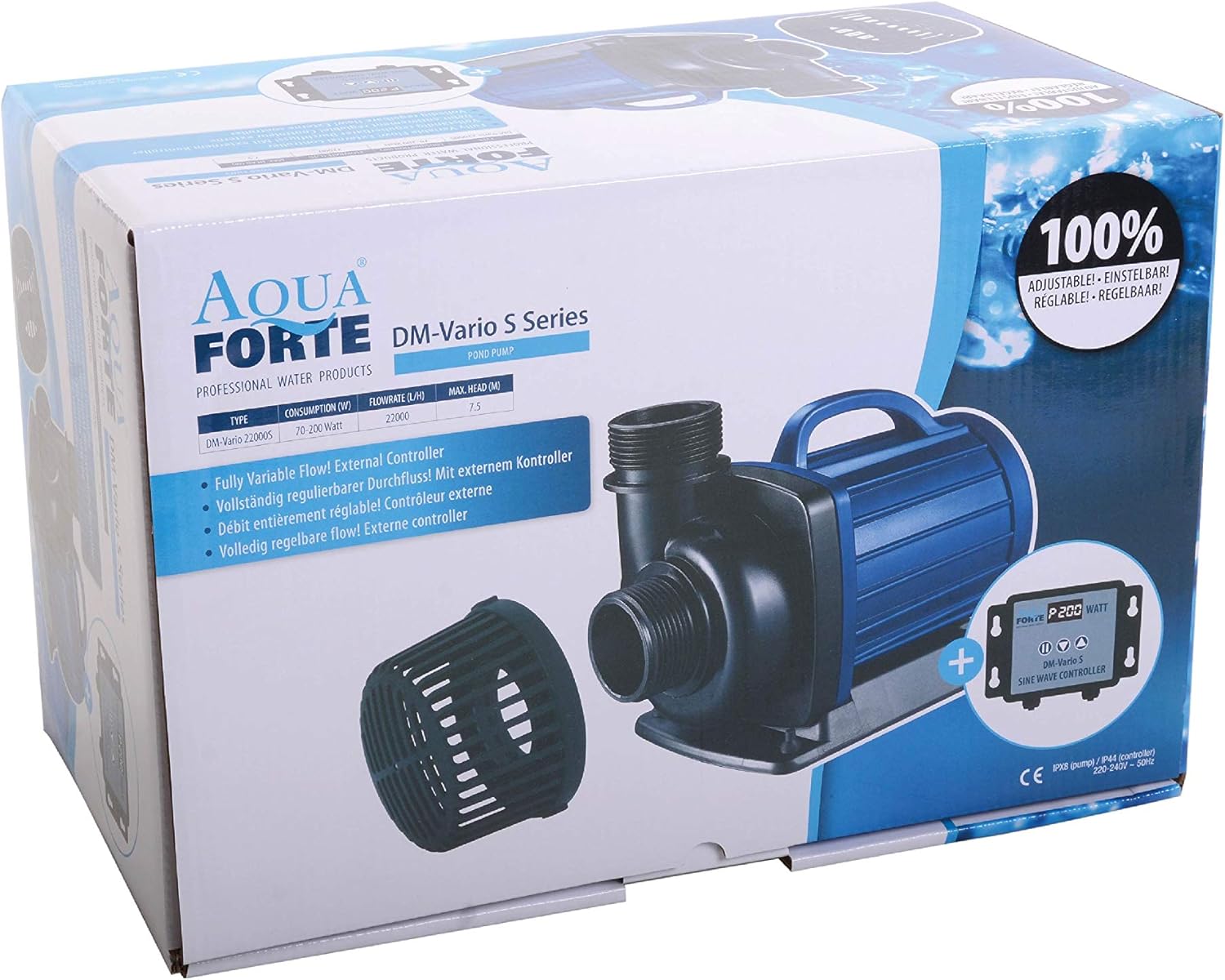 AquaForte Filter-/Teichpumpe DM-22.000 Vario S, 70-200W, Förderhöhe 7,5m, regelbar mit externem Controller. Ideal als Teichpumpe oder als Bachlauf- /Wasserfallpumpe.