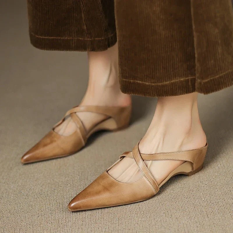 Women��s Leather Mules Pointed-Toe Cross-Strap Design with Low Heel
