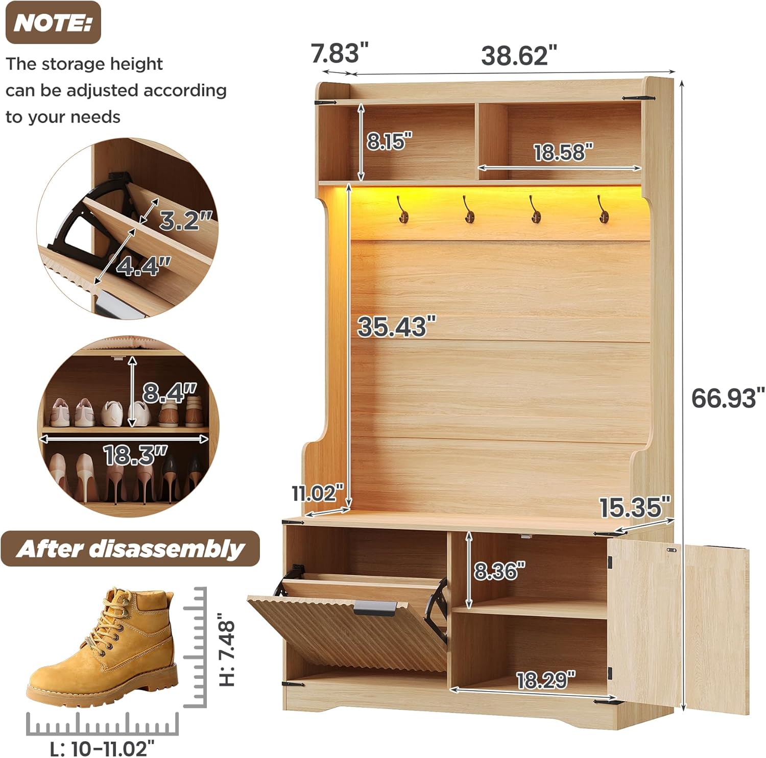 Maupvit Farmhouse Hall Tree with Bench and Shoe Storage, 4 Coat Rack with Shoe Storage Cabinet, 5-in-1 Entryway Organizer with Led Lights, Adjustable Shelves & Flip Drawers, Mudroom Seat Stool, Oak