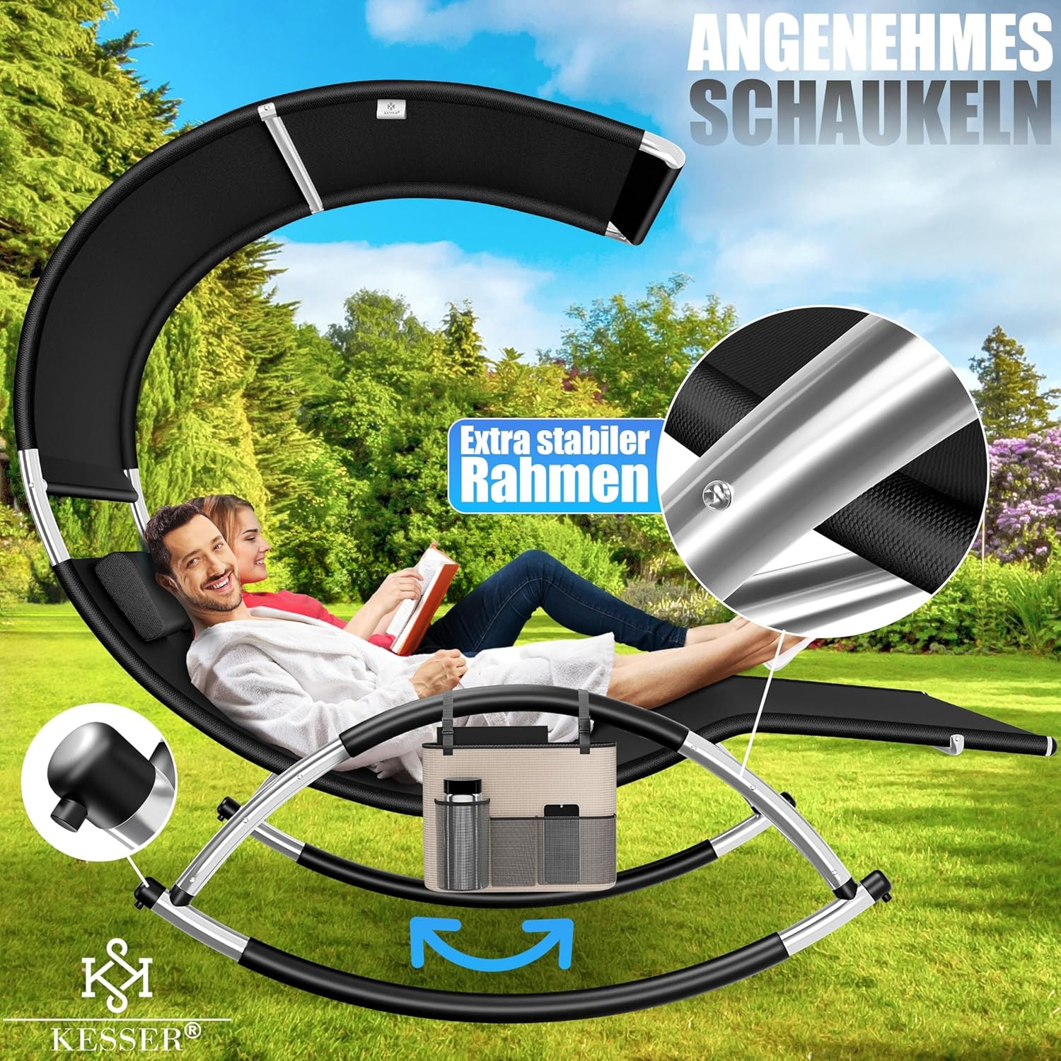 KESSER® Doppel-Sonnenliege Doppelliege mit Sonnendach, Kopfkissen Tasche für 2 Personen, Relaxliege, Gartenliege, Schaukelliege ergonomische Liegefläche, 240 kg Belastung, Seitentasche, Schwarz
