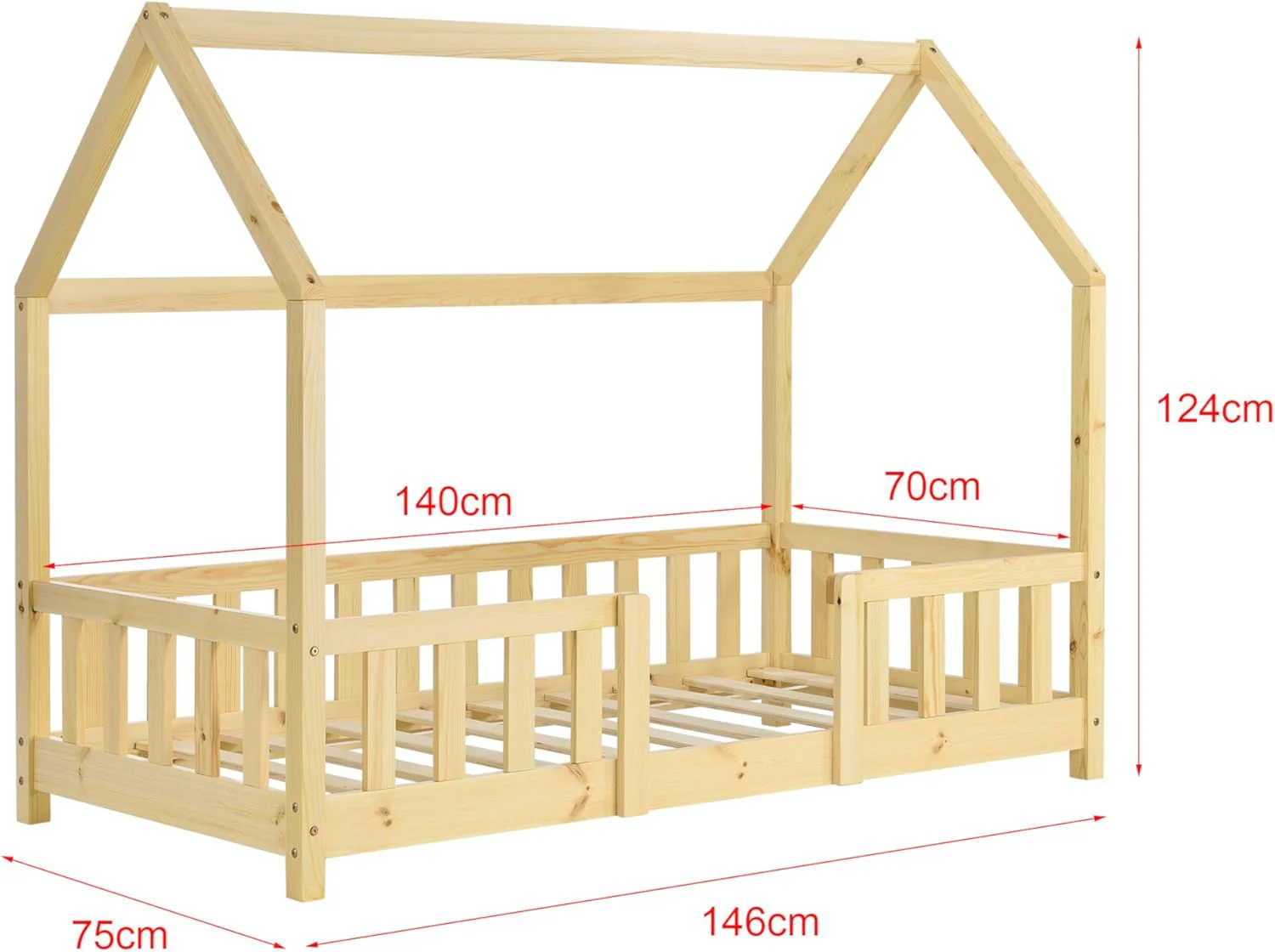 [en.casa] Letto per bambini Sisimiut a capanna 80 x 160 cm con protezione anticaduta letto in legno per bambini letto a terra rete a doghe in legno di pino Bianco opaco