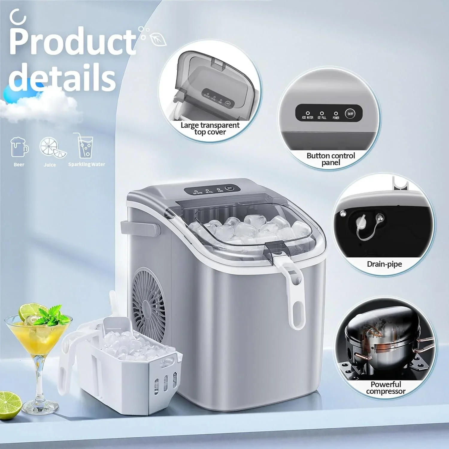 Nugget Ice Makers Countertop Pebble Ice Machine with Chewable Pellet Ice Self-Cleaning