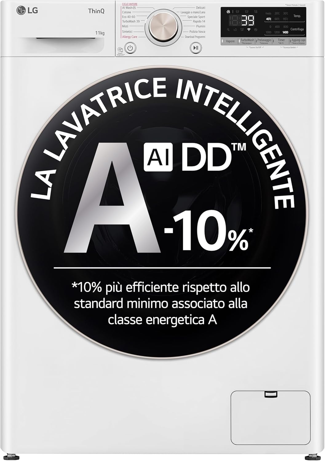 LG AI DD F4R7011TSWG Lavatrice 11kg, a Carica Frontale, Serie R7, Lavatrice Classe A -10%, 1400 giri, TurboWash 360, Vapore su 7 Programmi, Wi-Fi, Libera installazione, Bianco
