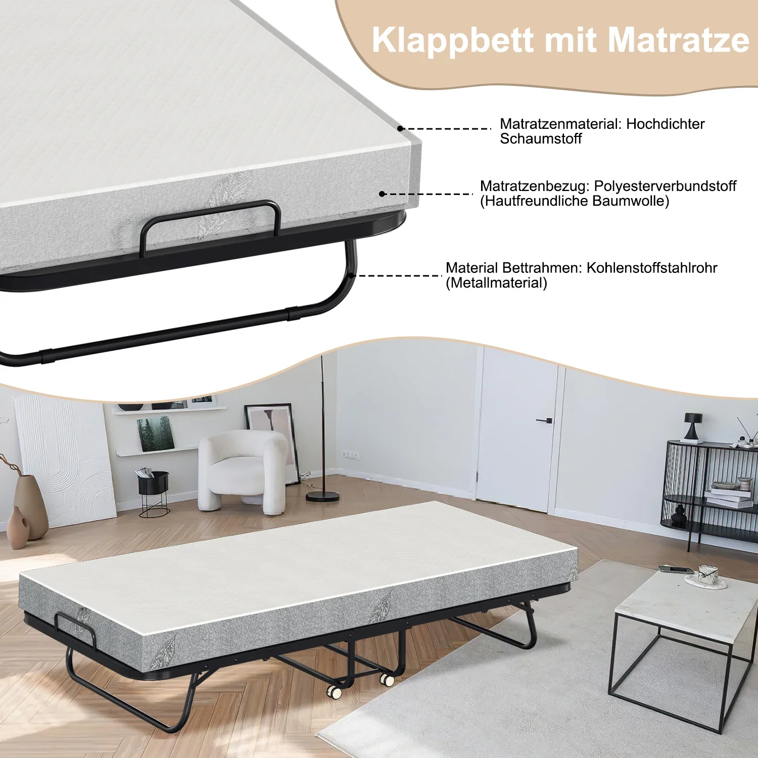 Sonnewelt Klappbett 90x200cm mit 13cm Dicke und Rollen