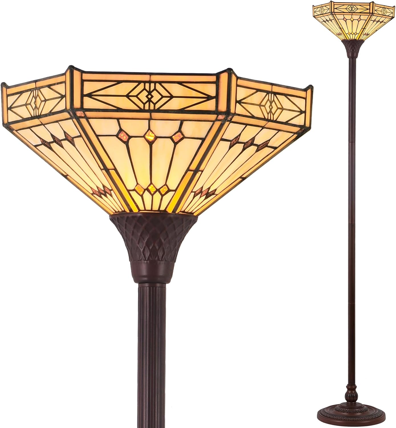 Capulina Tiffany Lamp Stained Glass Torchiere Floor Lamp 70 Inches Tall Industrial Bronze Pole Cream Hexagon Tiffany Style Standing Floor Lamp for Home Office Living Room Bedroom