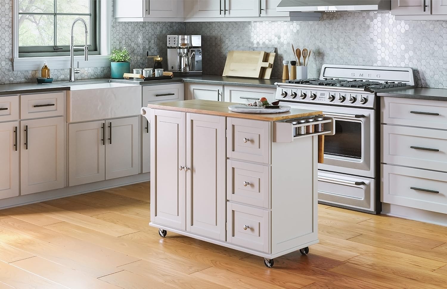Homestyles Dolly Madison Mobile Kitchen Island Cart, Drop Leaf Breakfast Bar