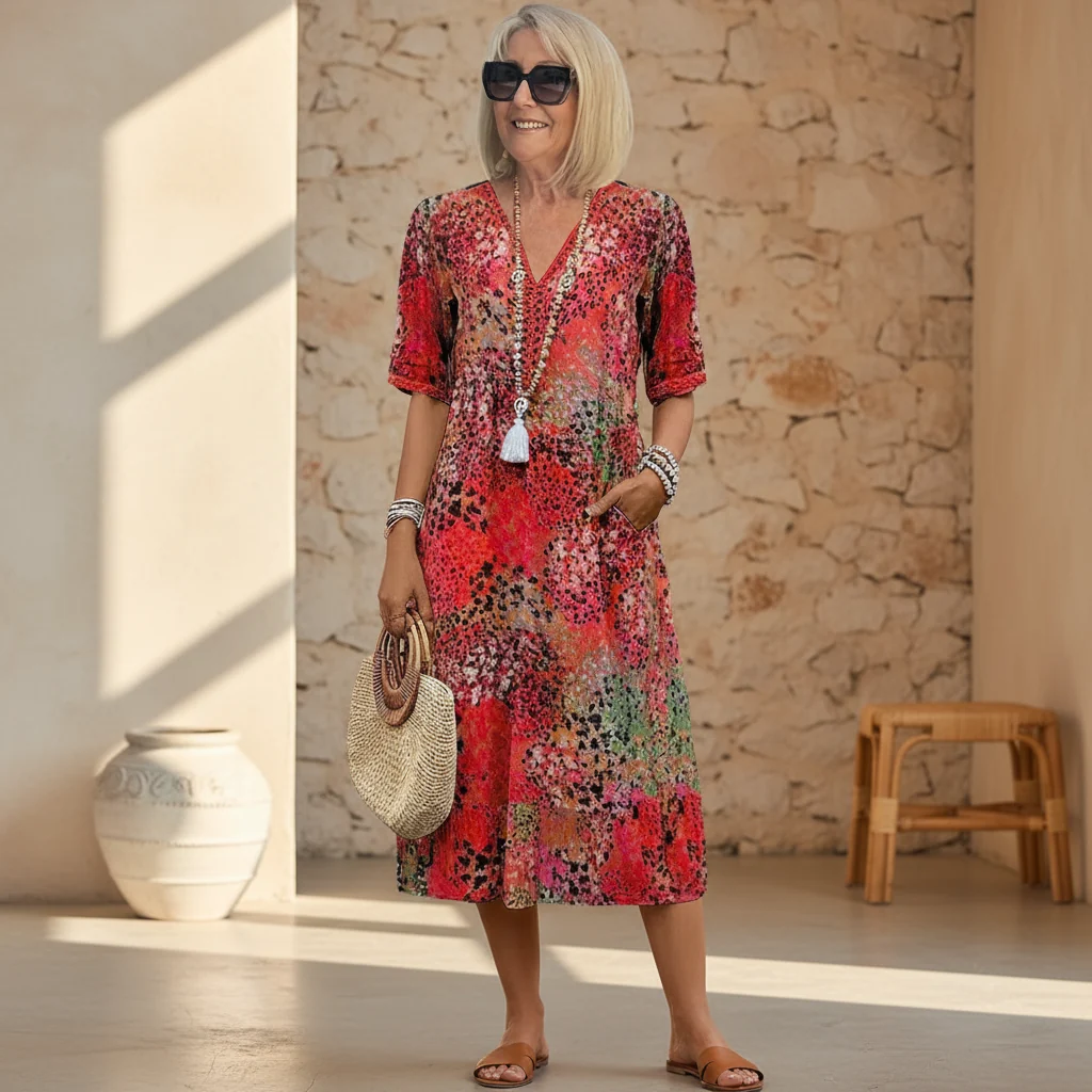 Women��s Vibrant Midi Dress Flowing Silhouette for Versatile Occasions