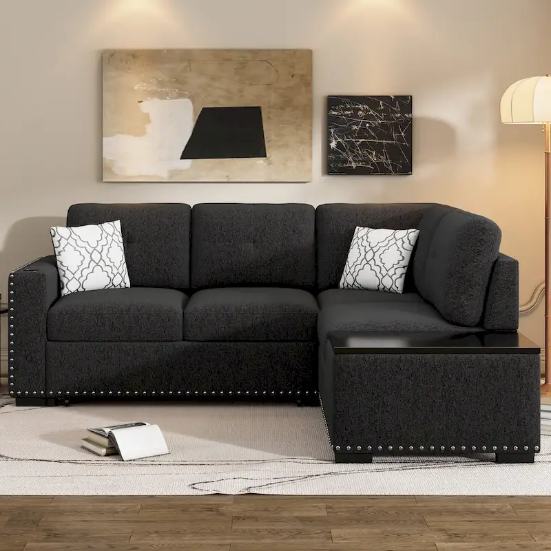 83.8  Sectional Pull-Out Sofa Bed L-Shaped Corner Sofa Couch with Storage Chaise, USB Ports, Power Sockets, Cup Holder for Livin