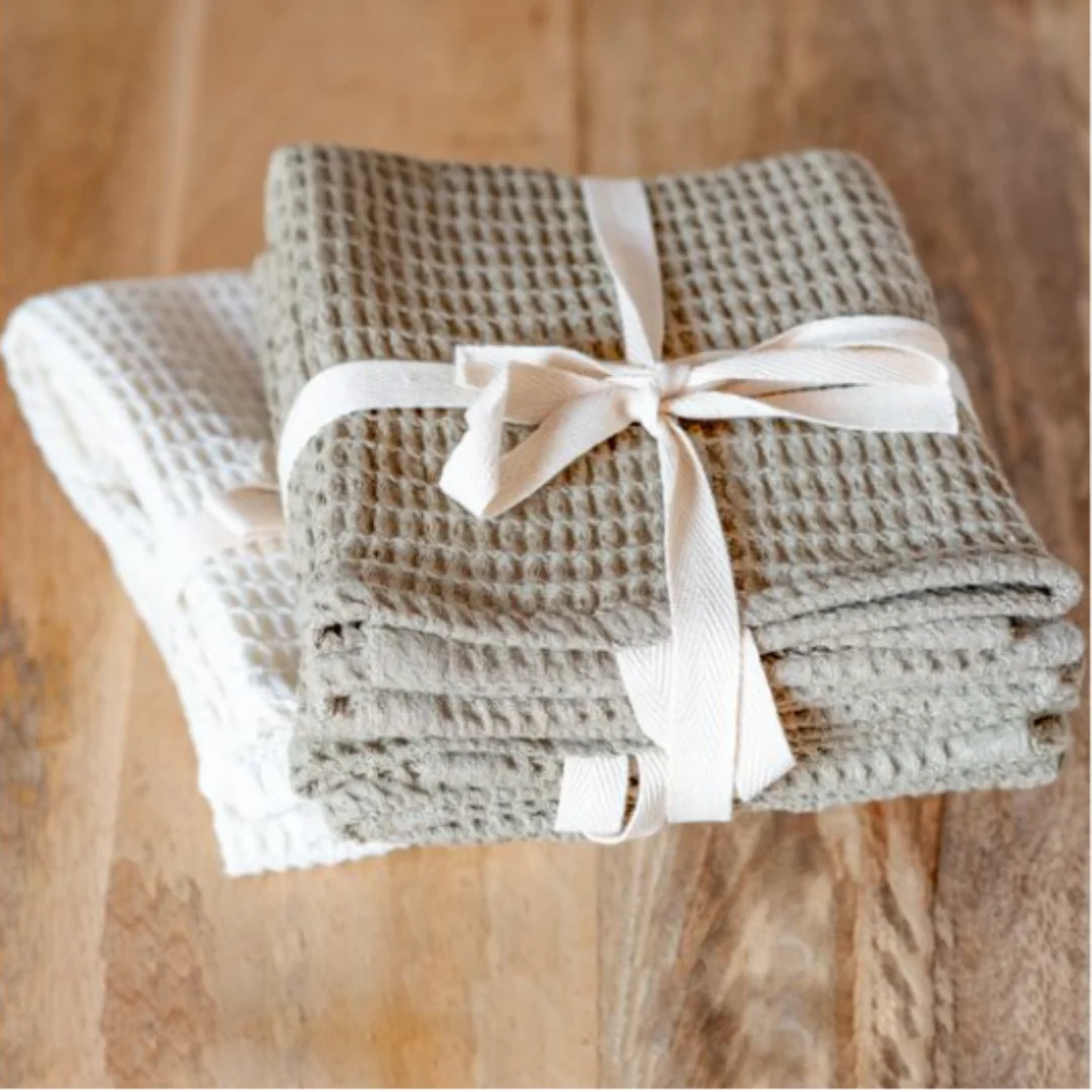 Waffle Hand Towel Olive & White Set