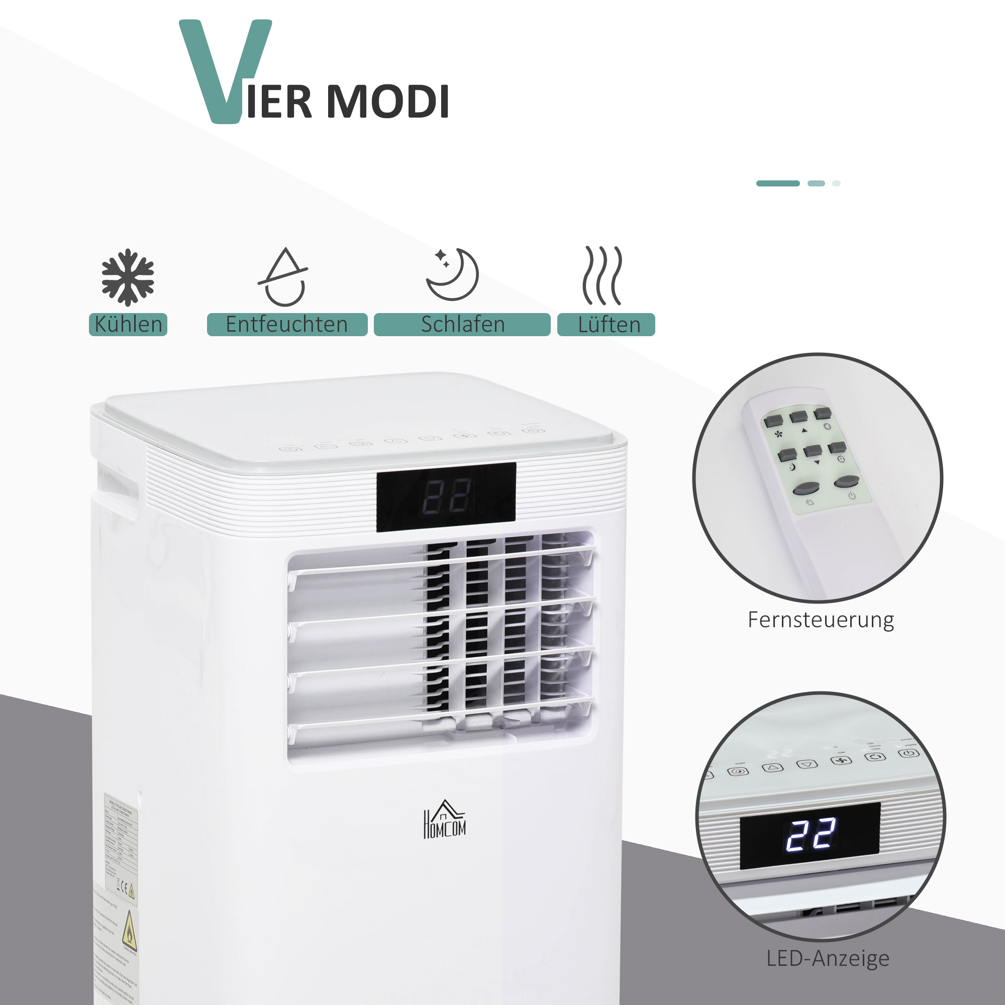 HOMCOM Mobiele airconditioner airconditioner 4 modi afstandsbediening 24u timer ABS wit