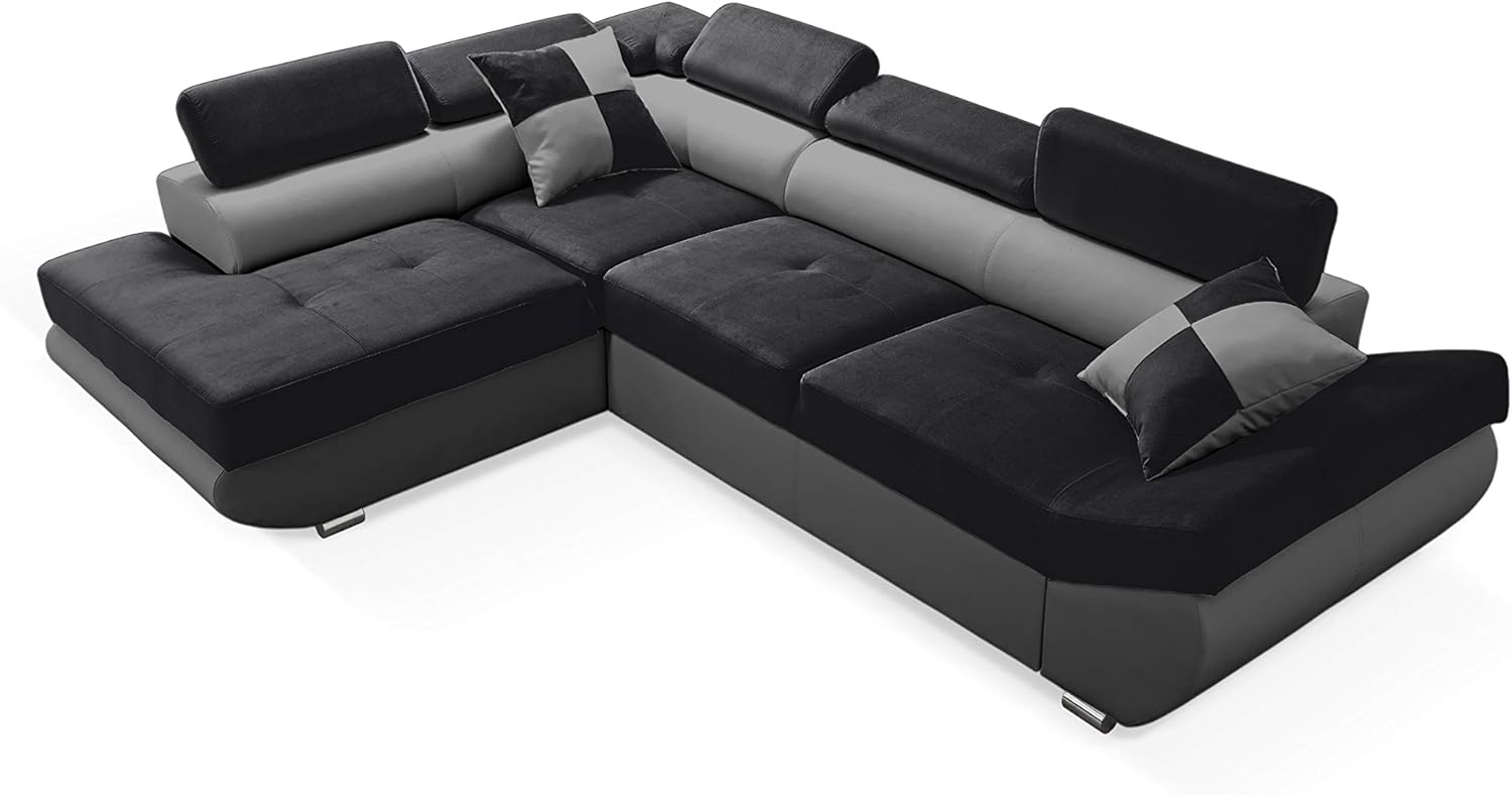 Robin Saturn Divano angolare con funzione di letto con cassetto per la biancheria e cuscin angolo a sinistra nero e grigio 280 x 200 x 75
