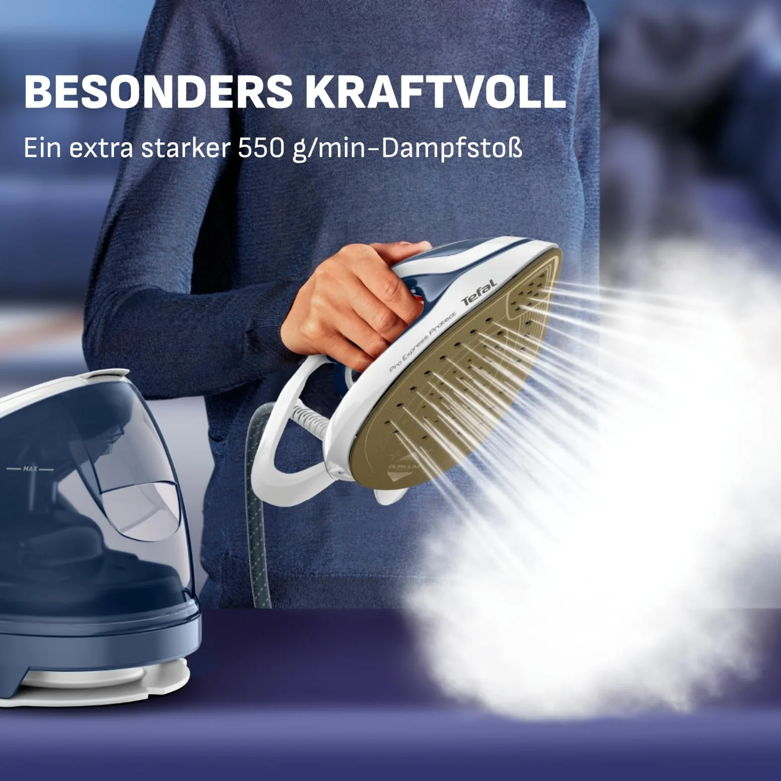Tefal Pro Express Protect Dampfbügelstation 7,6 Bar 140 g/min 550 g/min Dampfstoß Antikalk blaugrau/weiß GV9225