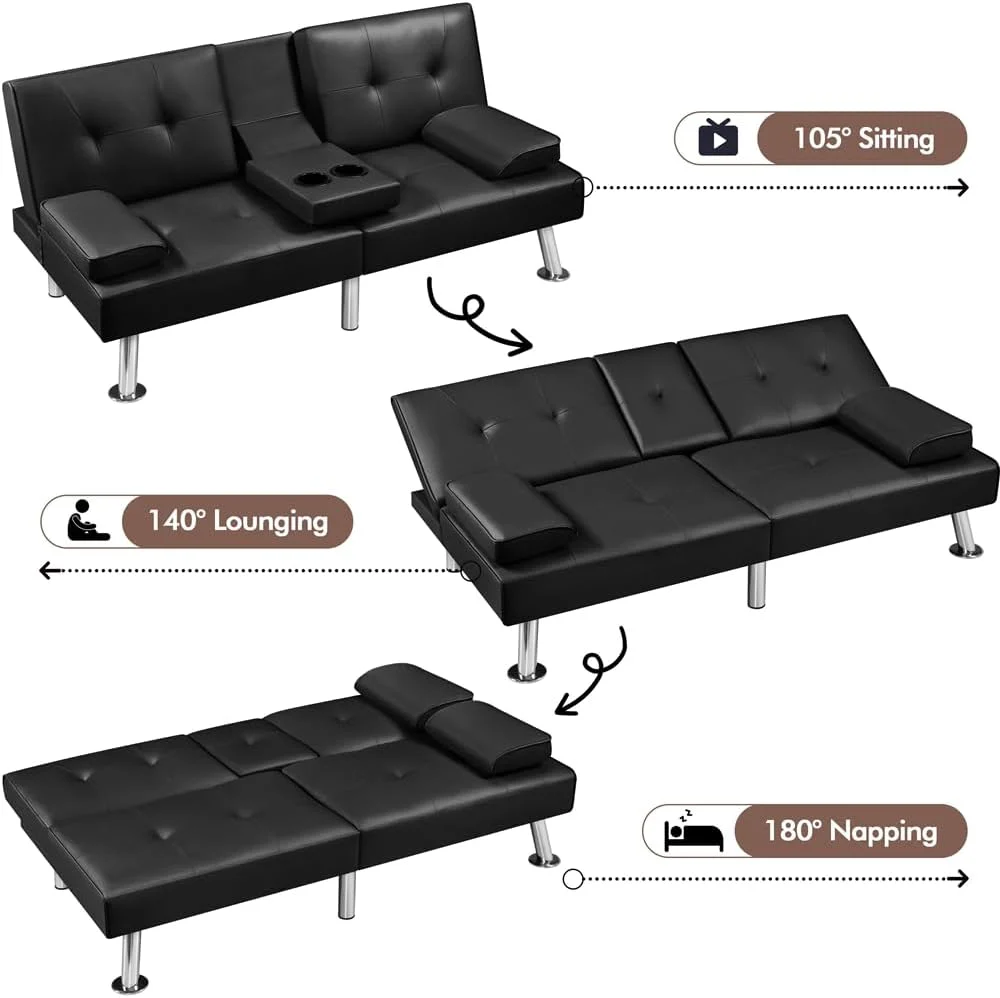 Yaheetech Convertible Sofa Bed Adjustable Couch Sleeper Modern Faux Leather Home Recliner Reversible Loveseat Folding Daybed Guest Bed, Removable Armrests, Cup Holders, 3 Angles, 772lb Capacity, Brown