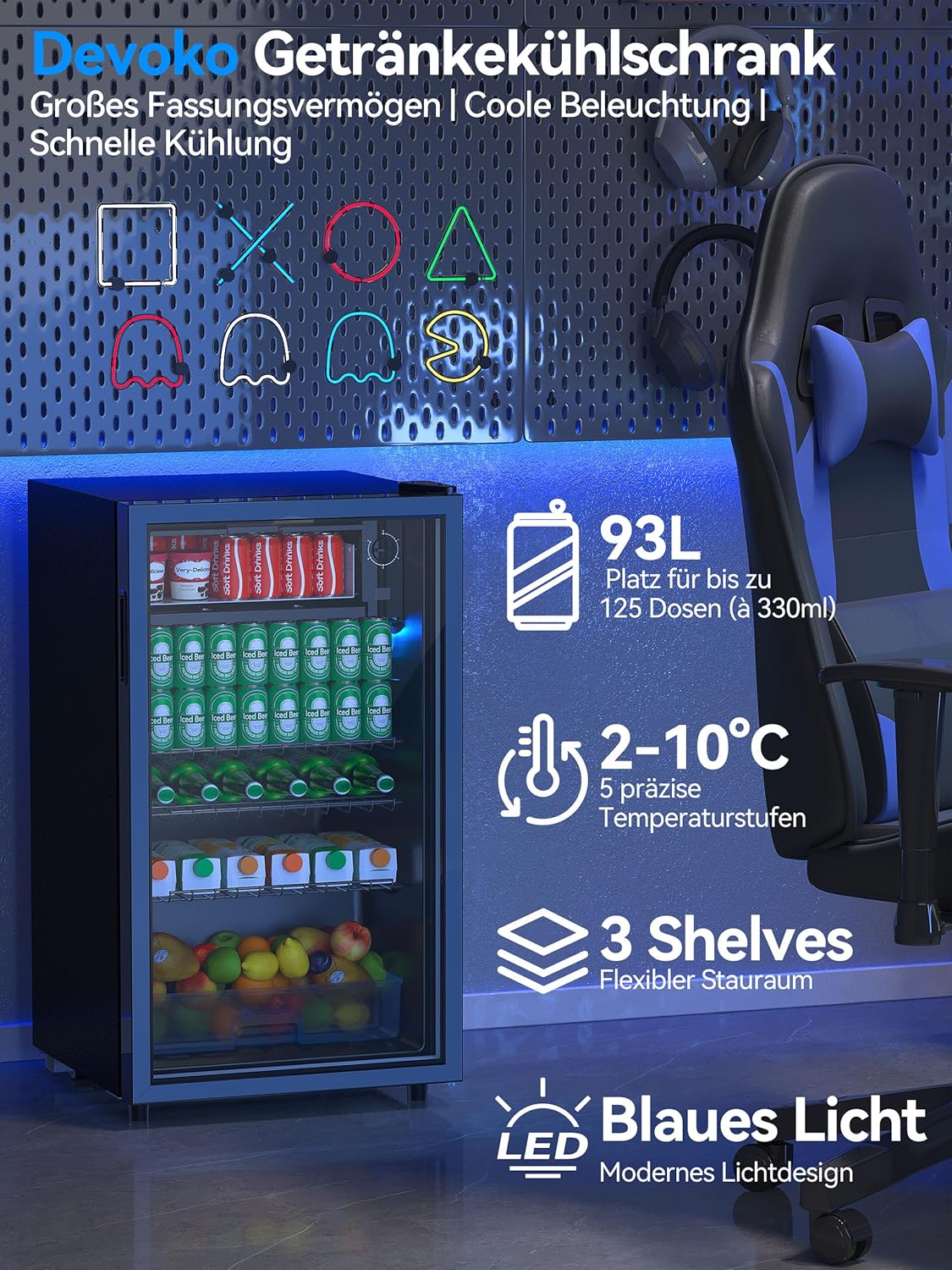 Devoko Getränkekühlschrank mit Glast,93L Minikühlschrank,mit RGB LED Lichtern,verstellbare Einlegeböden, Indoor/Outdoor,für zu Hause, Büro, Partys & Gastro,Minibar, Kühlschrank Schwarz