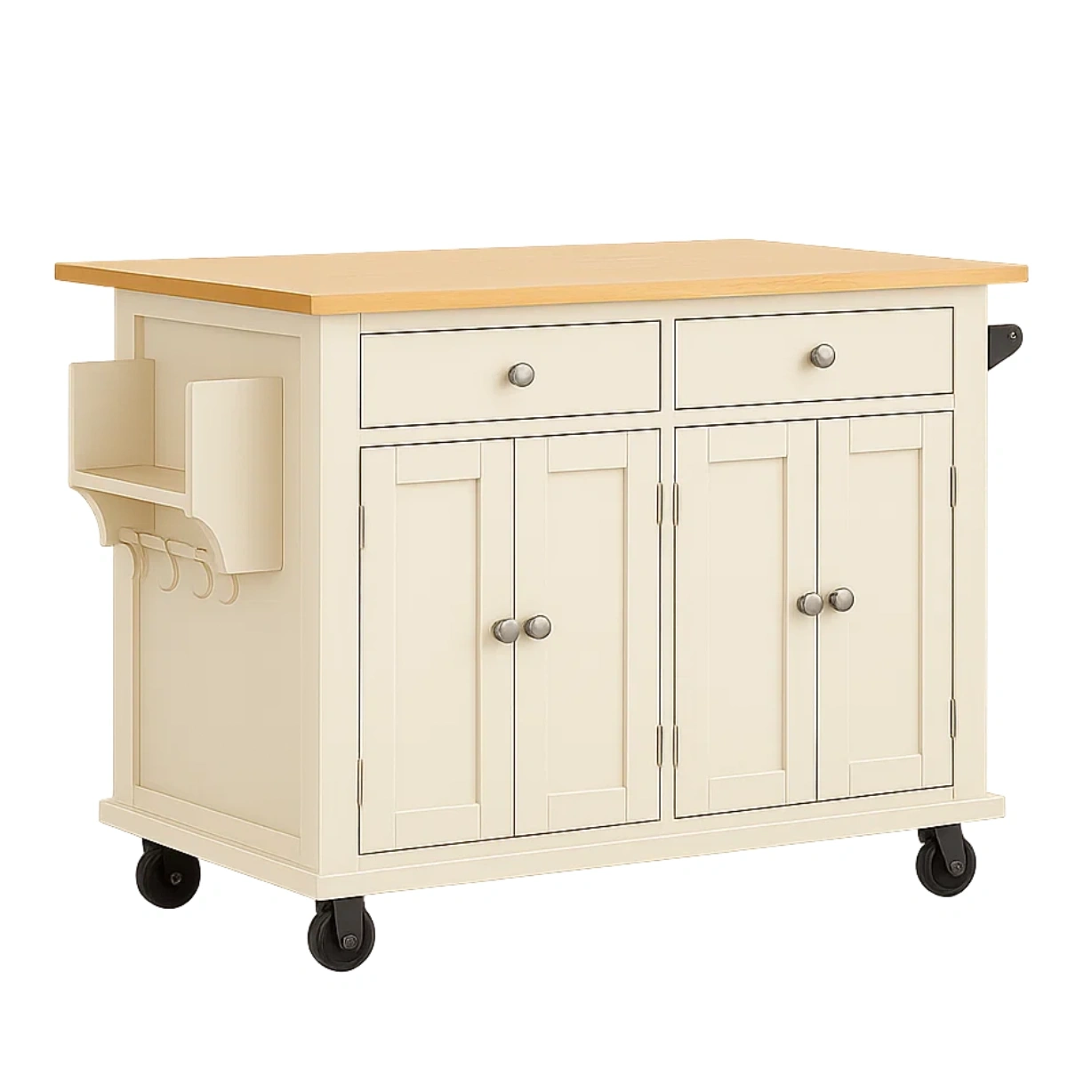 Kkken, rektangulr, med dobbeltskab og to skuffer, lavet af MDF-tr, cremefarvet, med hjul og sidekroge, 115x48x91 cm, til multifunktionelt kkken - rv025WbmBGOb