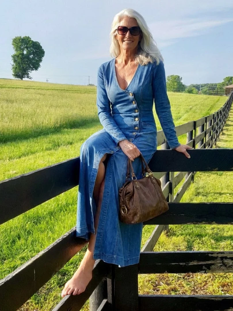 Women��s Denim Maxi Dress Button Front with Deep V Neckline
