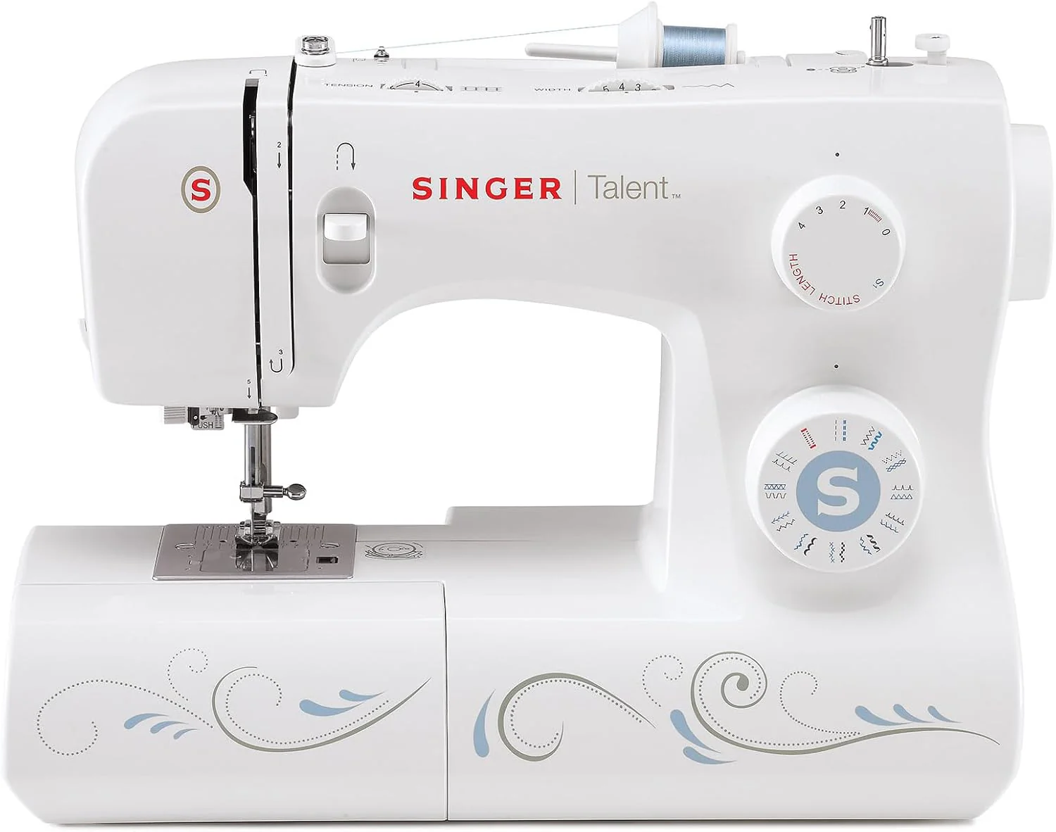 Singer Talent 3323-30 Mechanical Sewing Machine, Utility Stitches, One-Step Fully Automatic Eyelet Stitches, Zig-Zag Up to 6 mm, Automatic Threading, Professional Sewing Machine, White