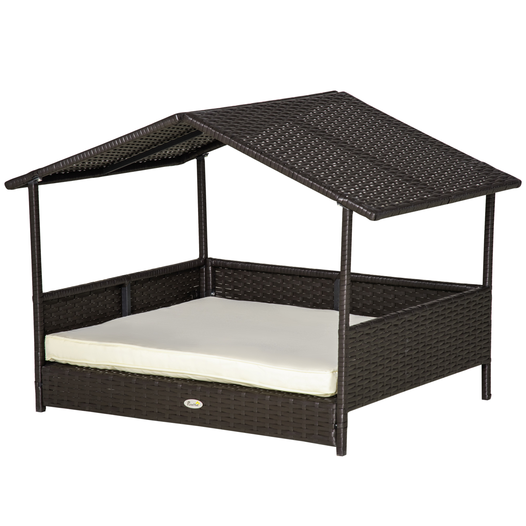 Pawhut Rotan hondenhok hondenbed met kussen in de vorm van een huis hondenhok voor buiten stalen frame PP