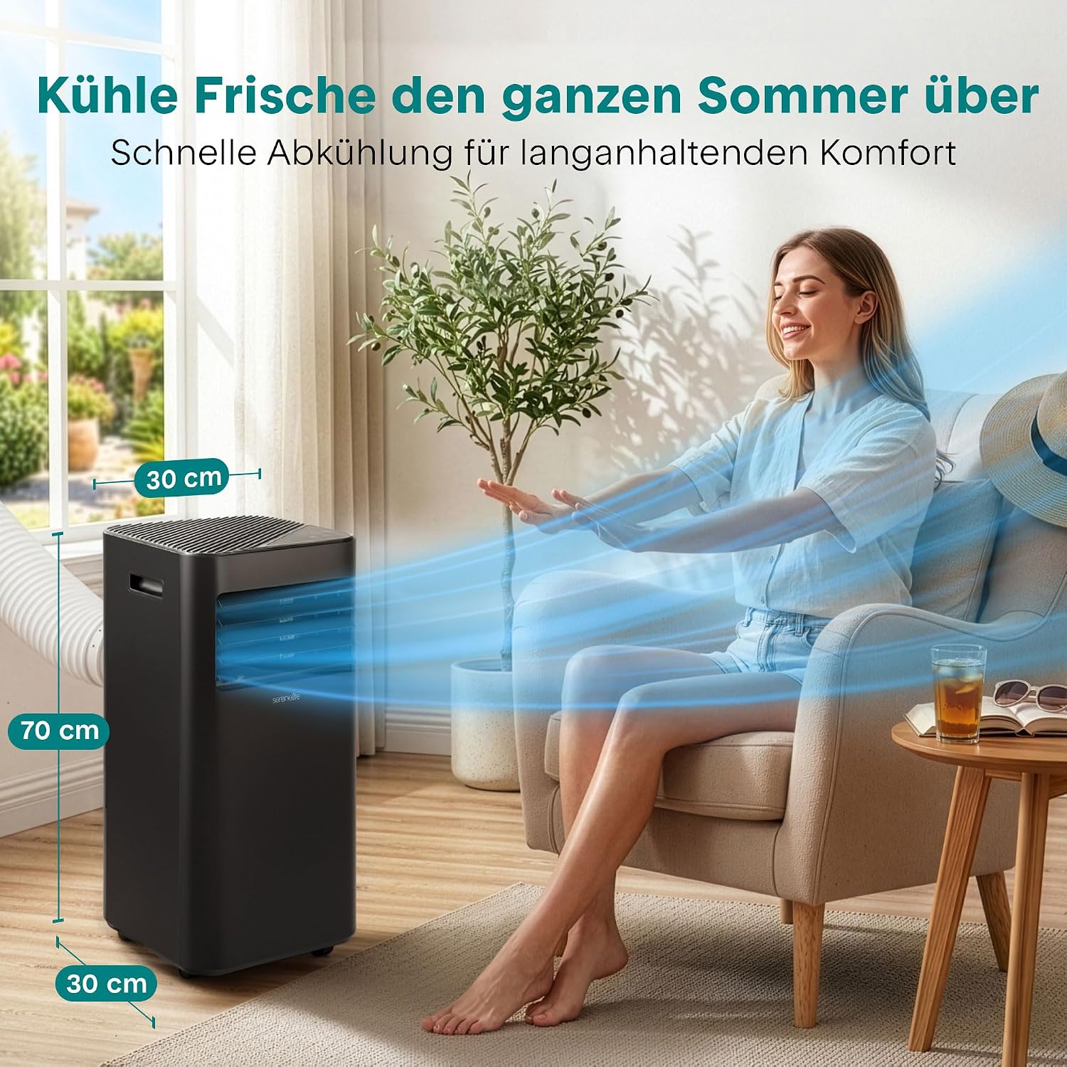 SereneLife Schwarz Mobiles Klimagerät 9000 BTU 2,64kW für 28 m² – Air Conditioner mit Abluftschlauch, 3-in-1 mit Entfeuchter und Ventilator, Leise 54 dB, inkl. Fensterkit und Fernbedienung