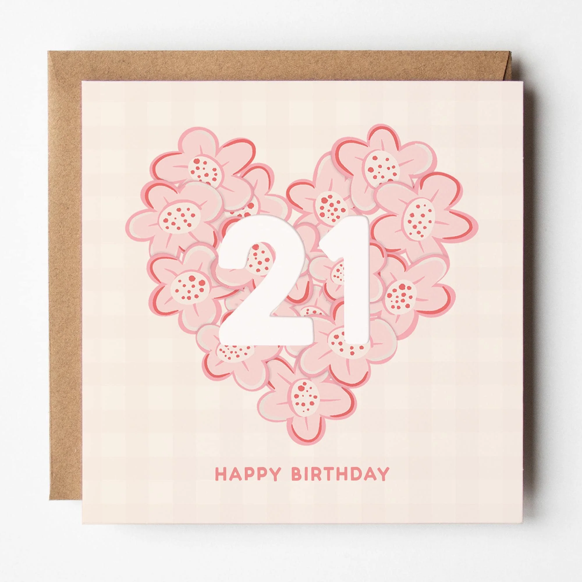 21st Birthday Card for Her; daughter, niece, sister, friend, pretty, pink, with Kraft envelope