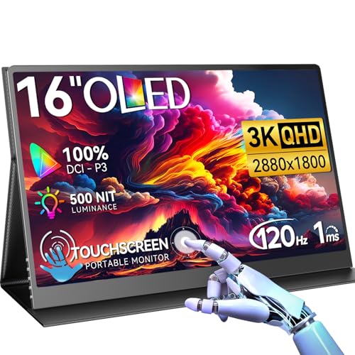 UPERFECT OLED Monitor Portatile TouchScreen, 3K 120Hz 16 Pollici Portable Monitor con 100000:1 500 Nit 2880 * 1800 DCI P3 Schermo Mini HDMI per PC Laptop Cellulare Console di Gioco, Compatibile VESA : Informatica