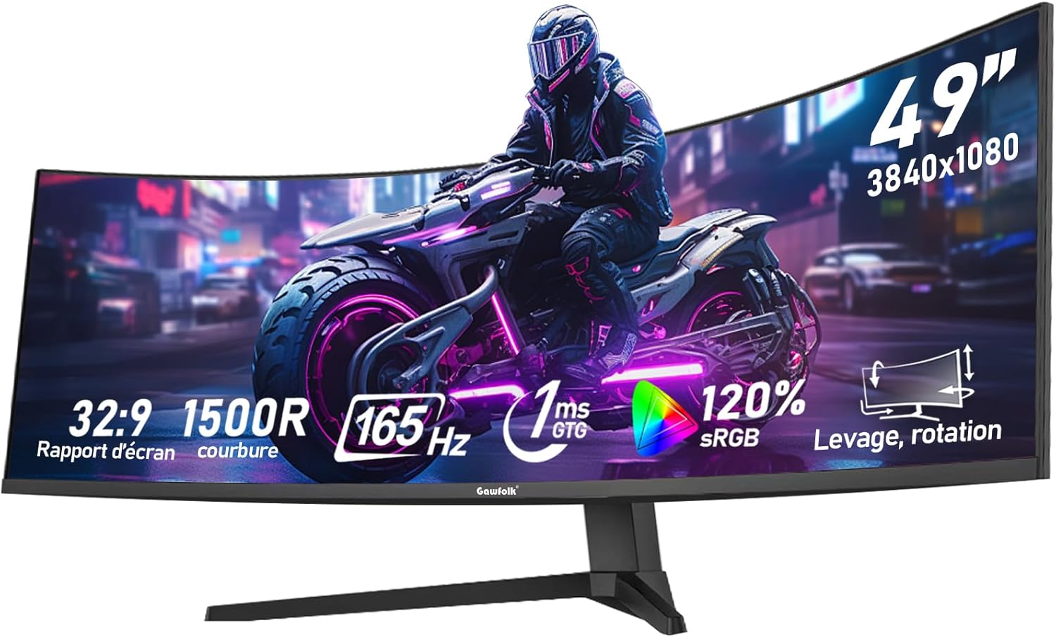 Gawfolk 49 Pouces Écran PC d'ordinateur de Jeu 1500R Ultra-Large incurvé, DFHD (3840×1080), 165Hz, 1MS, FreeSync, 120% sRGB, Moniteur réglable en Hauteur, HDMI2.0、DP1.4, VESA 100 * 100mm-Noir