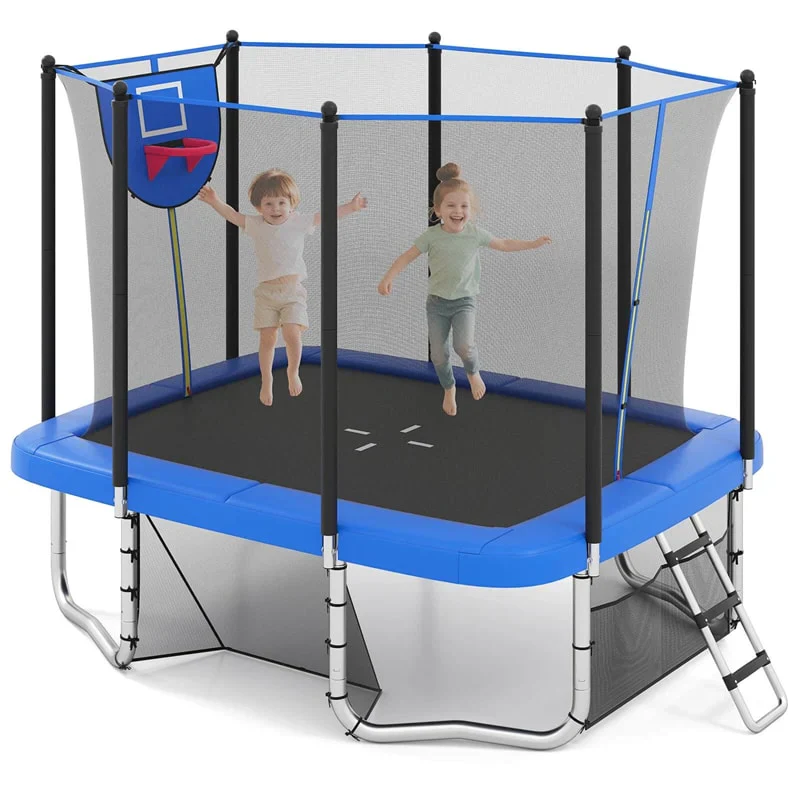 10x8 FT téglalap alakú trambulin kosárlabda karikával, focikapuval, védőhálóval, ASTM által jóváhagyott, nagy teherbírású kültéri trambulin gyerekeknek és felnőtteknek