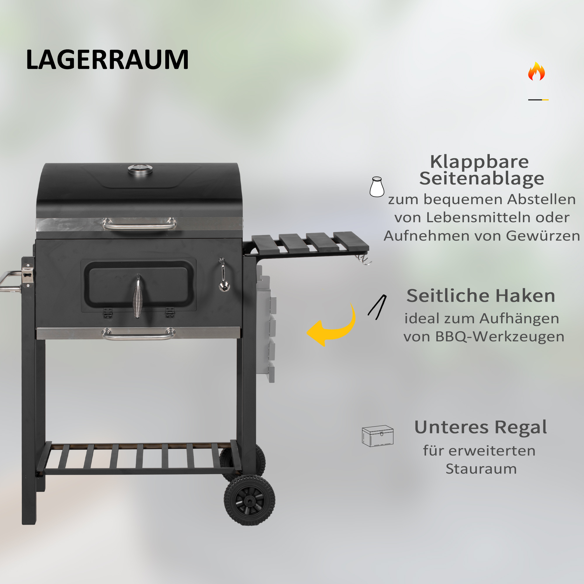 Outsunny Houtskoolbarbecue Smoker BBQ-Smoker, 1 Opbergruimte, 1 Handdoekhouder, 2 Grillroosters, 113 cm x 65 cm x 108 cm, Zwart