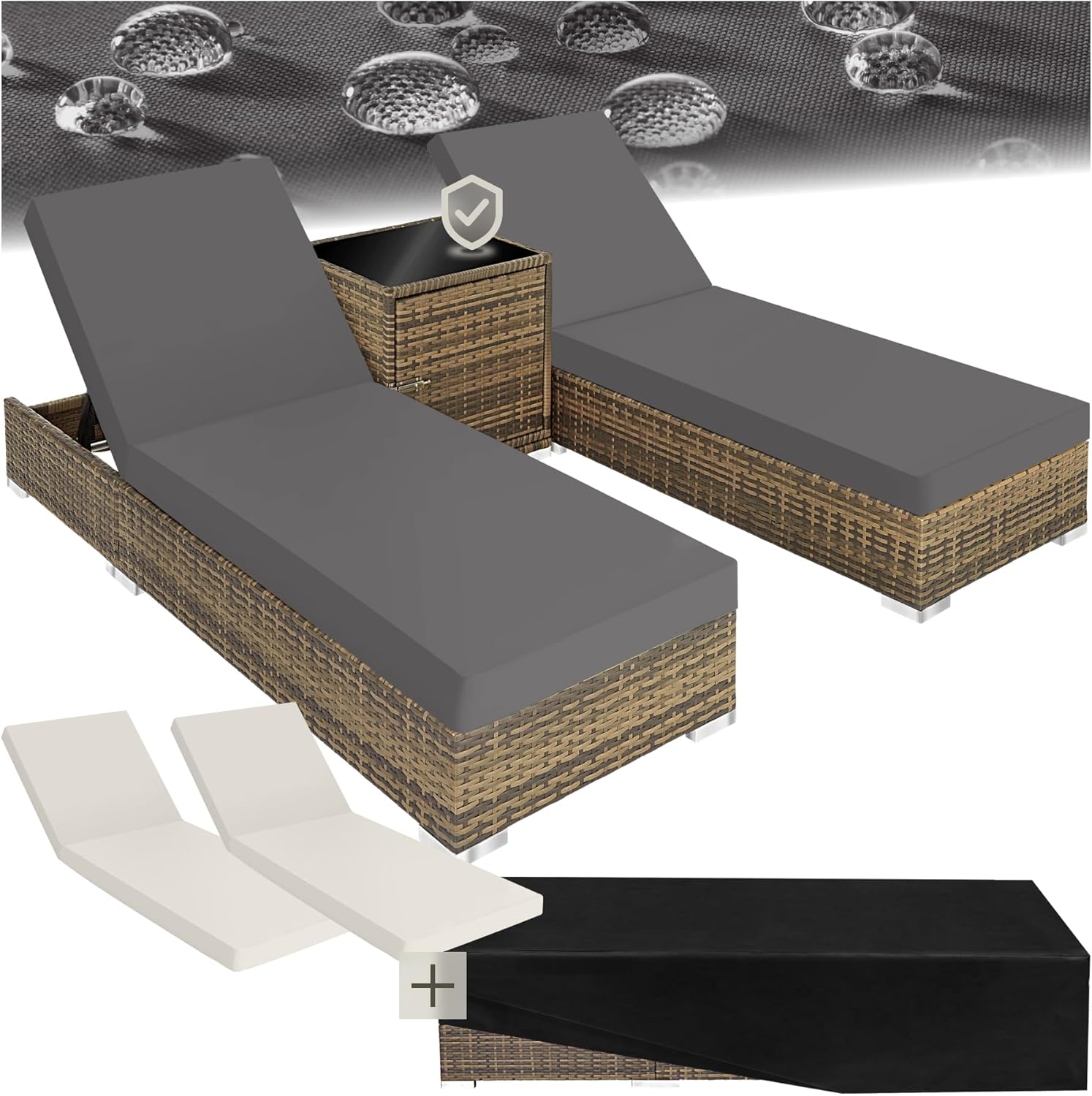 tectake® 2er Lounge Sonnenliegen Set Plus Tisch – inkl. 2 Bezugsets und Schutzhülle, Outdoor Poly Rattan Gartenmöbel Set, 2er Set - Natur