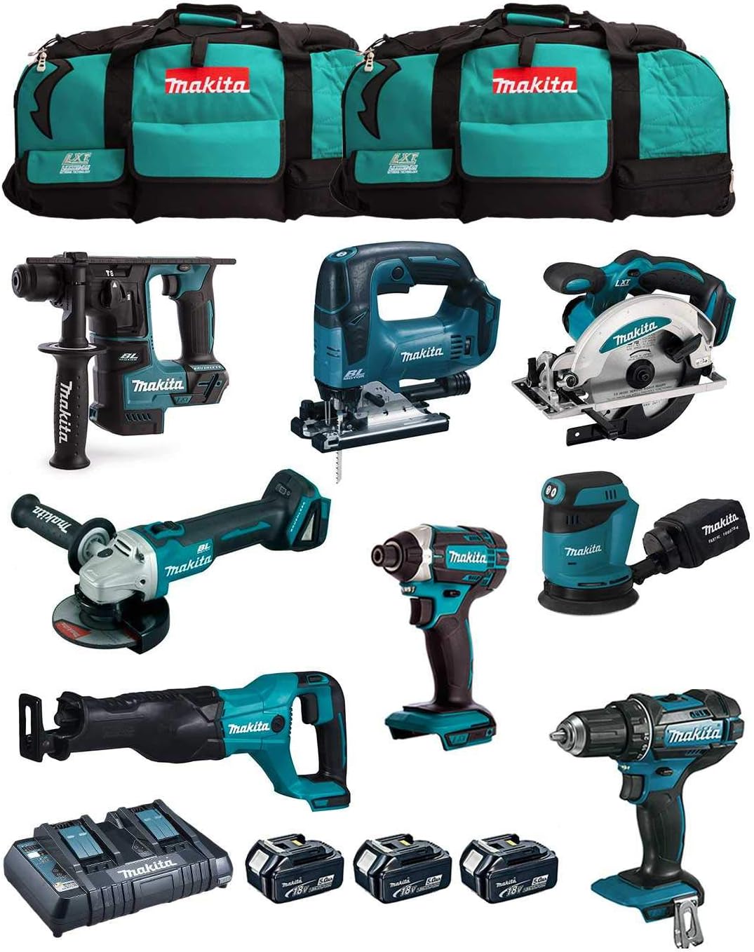 Makita MK801: 8-teiliges 18V Profi-Werkzeug-Set (DDF482, DHR171, DGA504, DTD152, DJV182, DSS610, DJR186, DBO180) mit 3x 5,0 Ah Akku, Ladegerät und 2x LXT600 Trolley