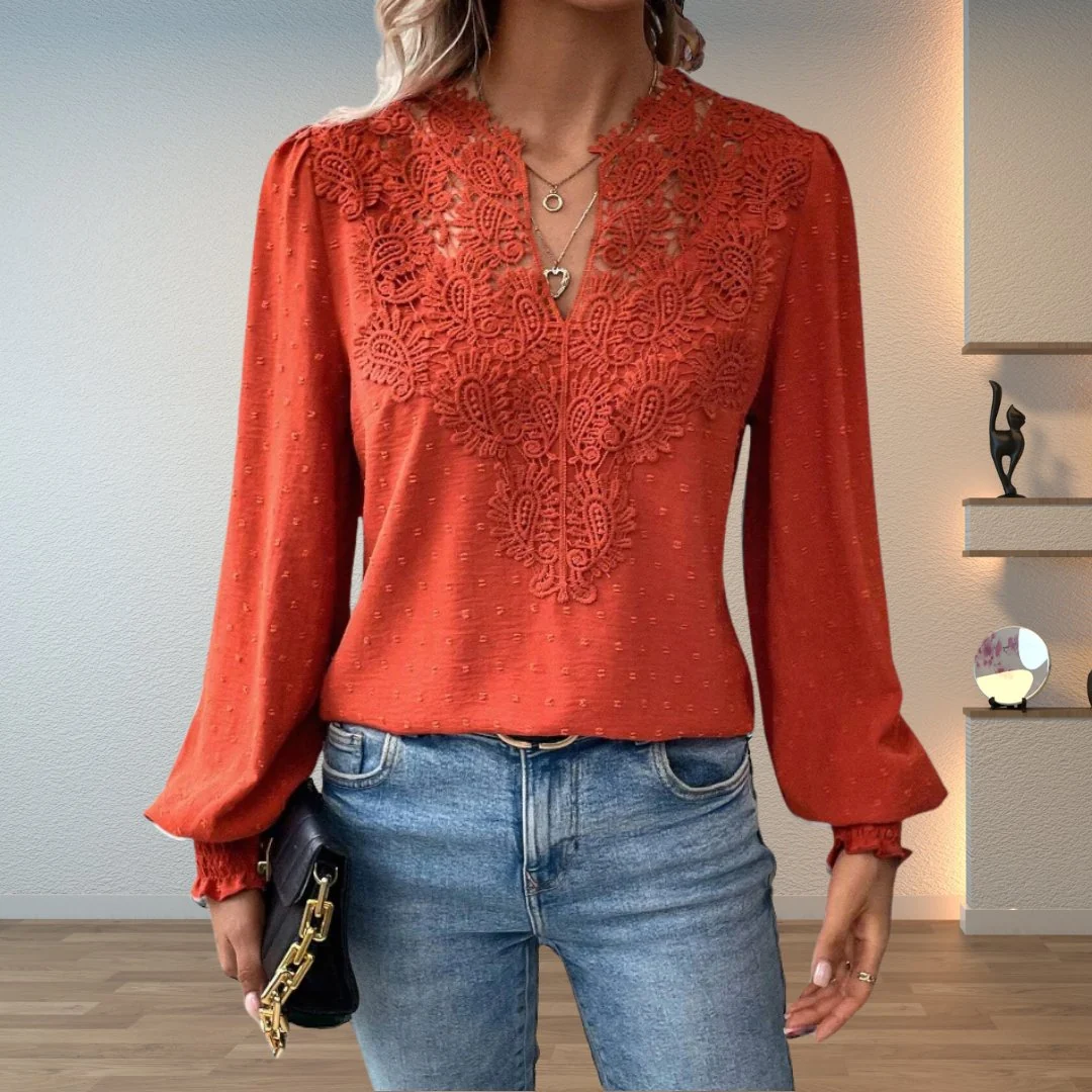 Women��s Lace-Bodice V-Neck Blouse with Smocked Cuffs and Long Sleeves