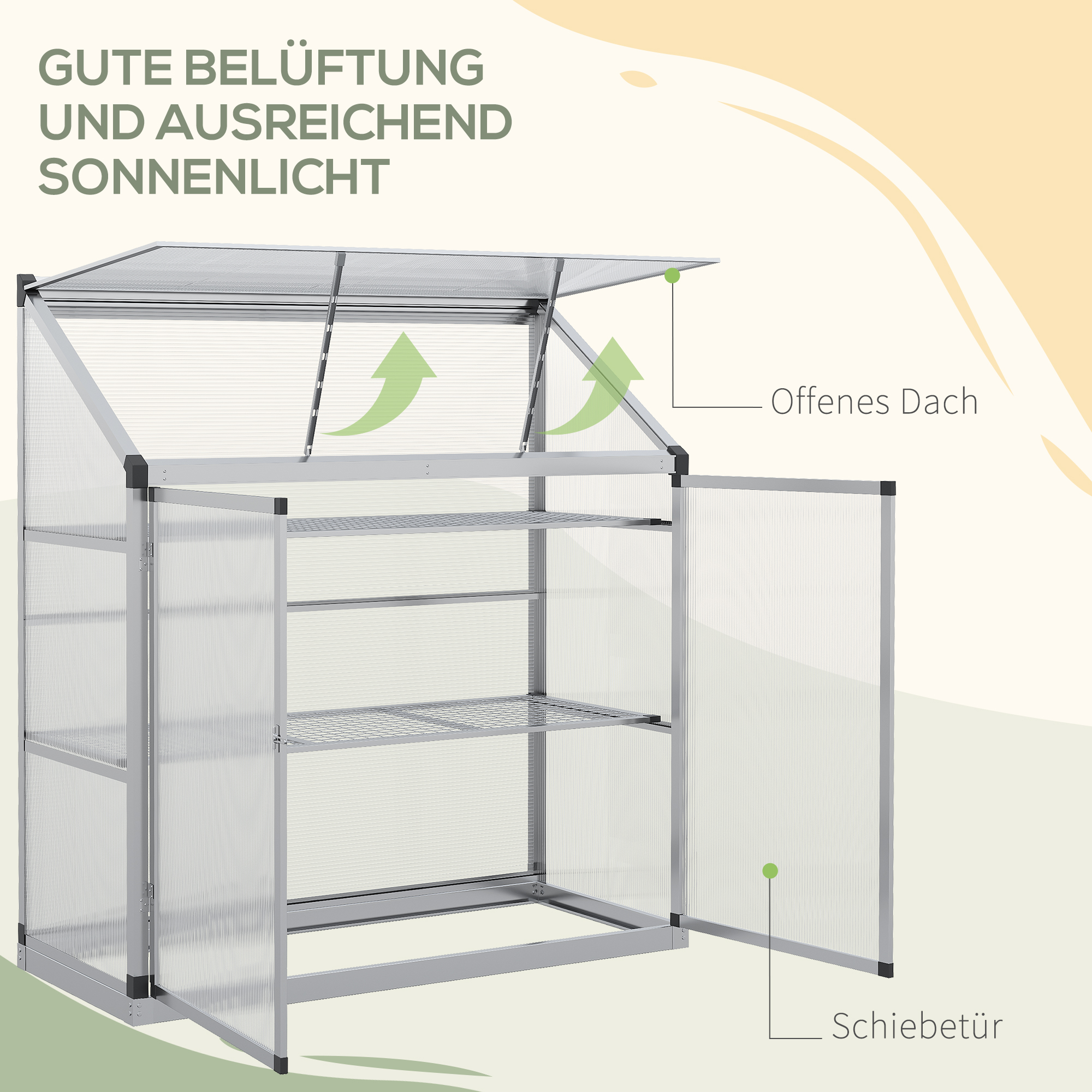Outsunny serre met funderingsframe, behuizing van polycarbonaat, 2 planken, aluminium frame, 131 x 58 x 139,5 cm