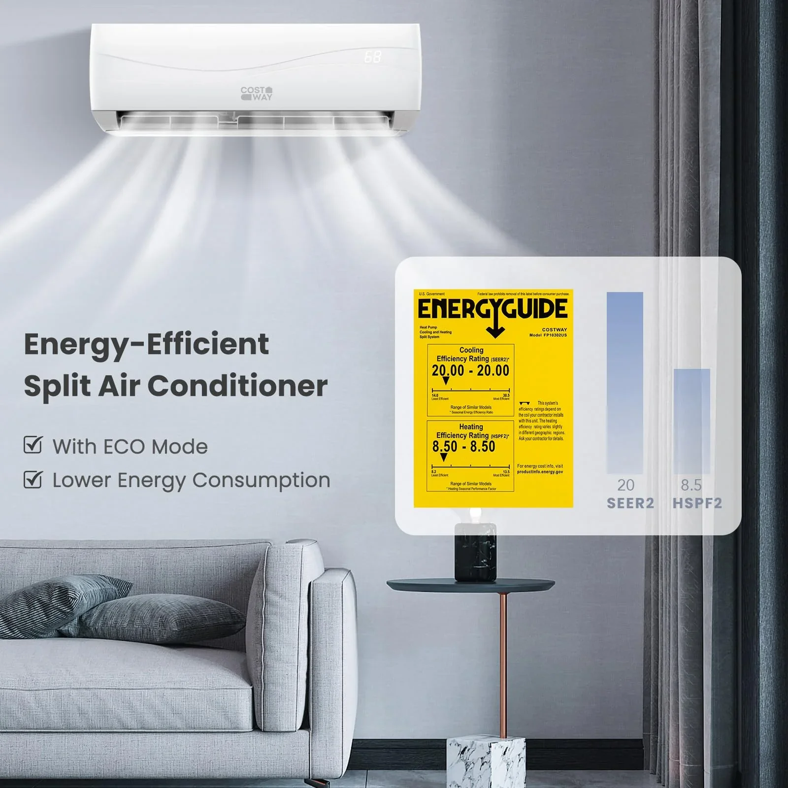 COSTWAY 12000BTU Mini Split Klíma és Fűtés