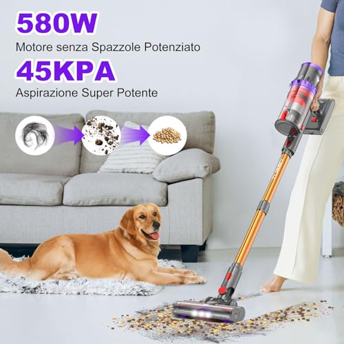 coovy 580W/45000Pa Aspirapolvere senza Fili SU7, Scopa Elettrica senza Filo Potente 70 Min Autonomia con LED Touchscreen Anti Avvolgimento per Tappeti Pavimento Peli Animali : Amazon.it: Casa e cucina