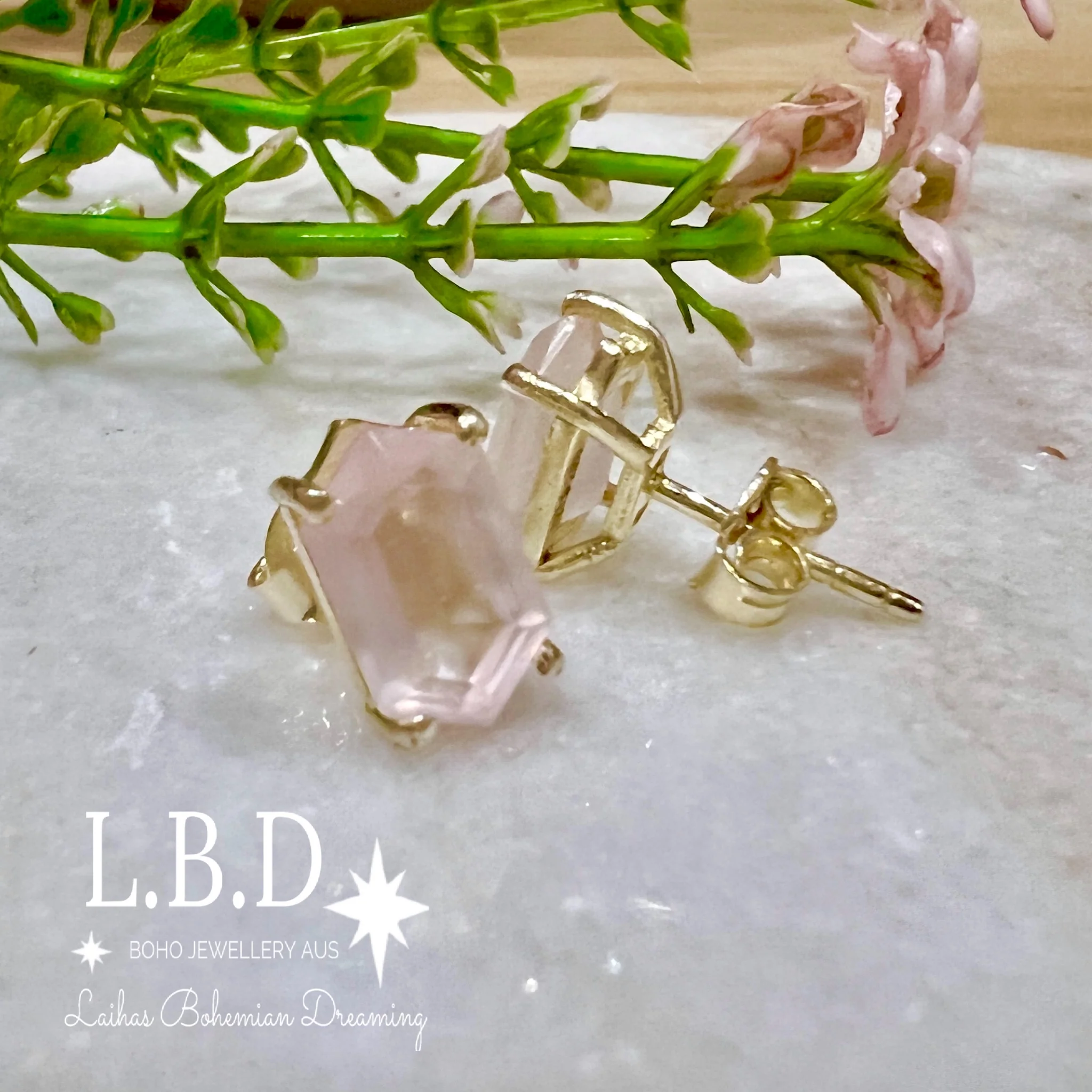 Laihas Hex Crystal Gold Rose Quartz Stud Earrings