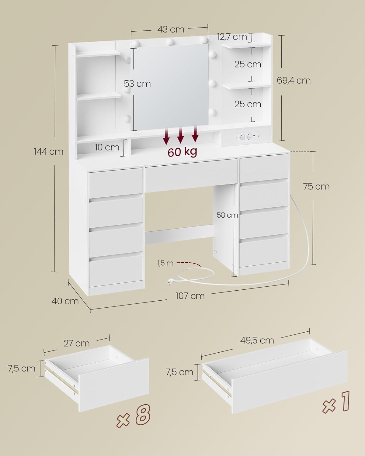 VASAGLE Kailyn Kollektion - Schminktisch mit Spiegel und LED-Leuchten, Steckdosenleiste, 9 Schubladen, 9 dimmbare Glühbirnen, 3 Lichtfarben, werkzeuglose Gleitschienen, wolkenweiß RDT141WB02