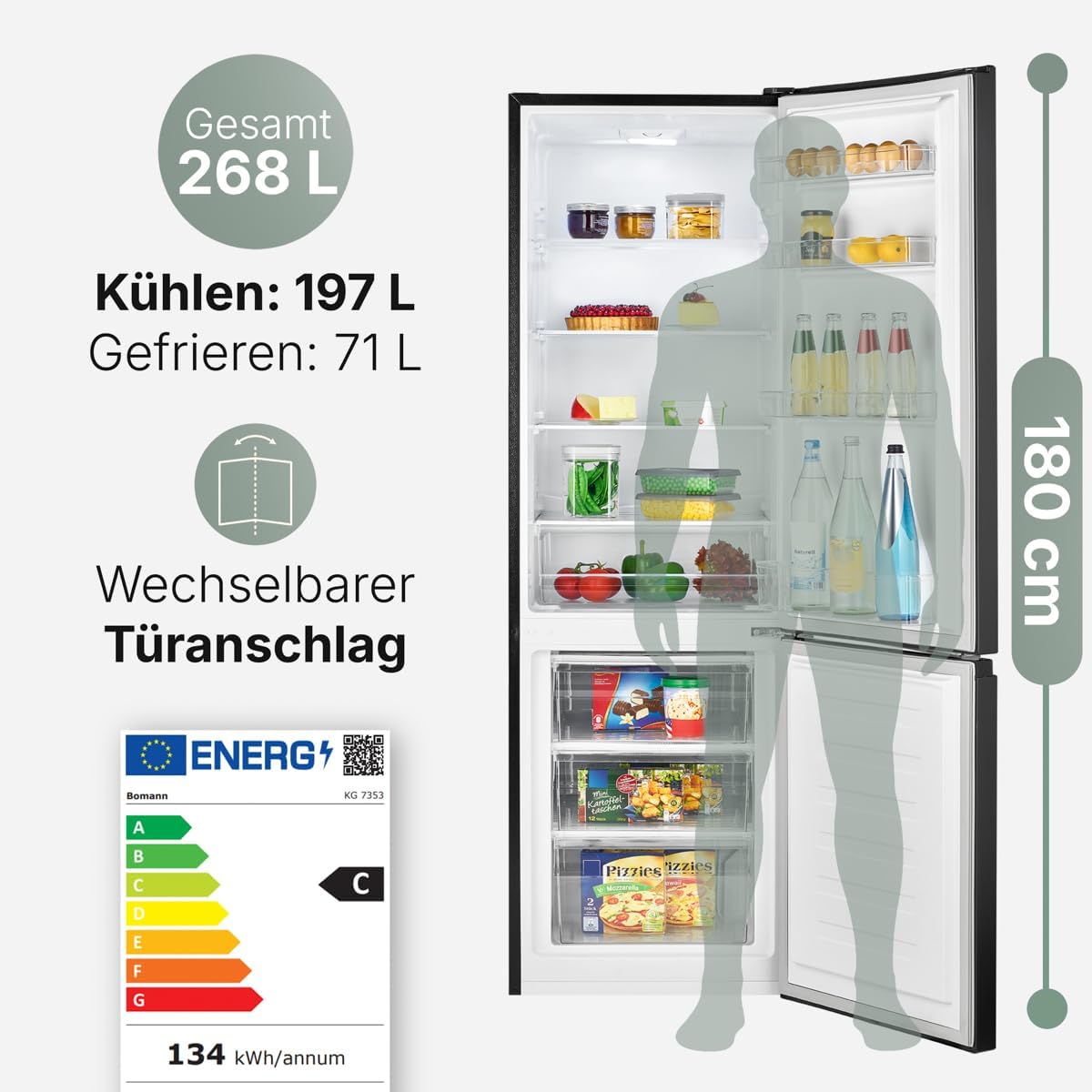 Bomann® Kühlschrank mit Gefrierfach | Energieklasse C | 180cm | Kühl Gefrierkombination leise 36 dB | 4 Ablagen & 3 Schubladen | Türanschlag wechselbar | 268L Kühlgefrierkombi | KG 7353 schwarz