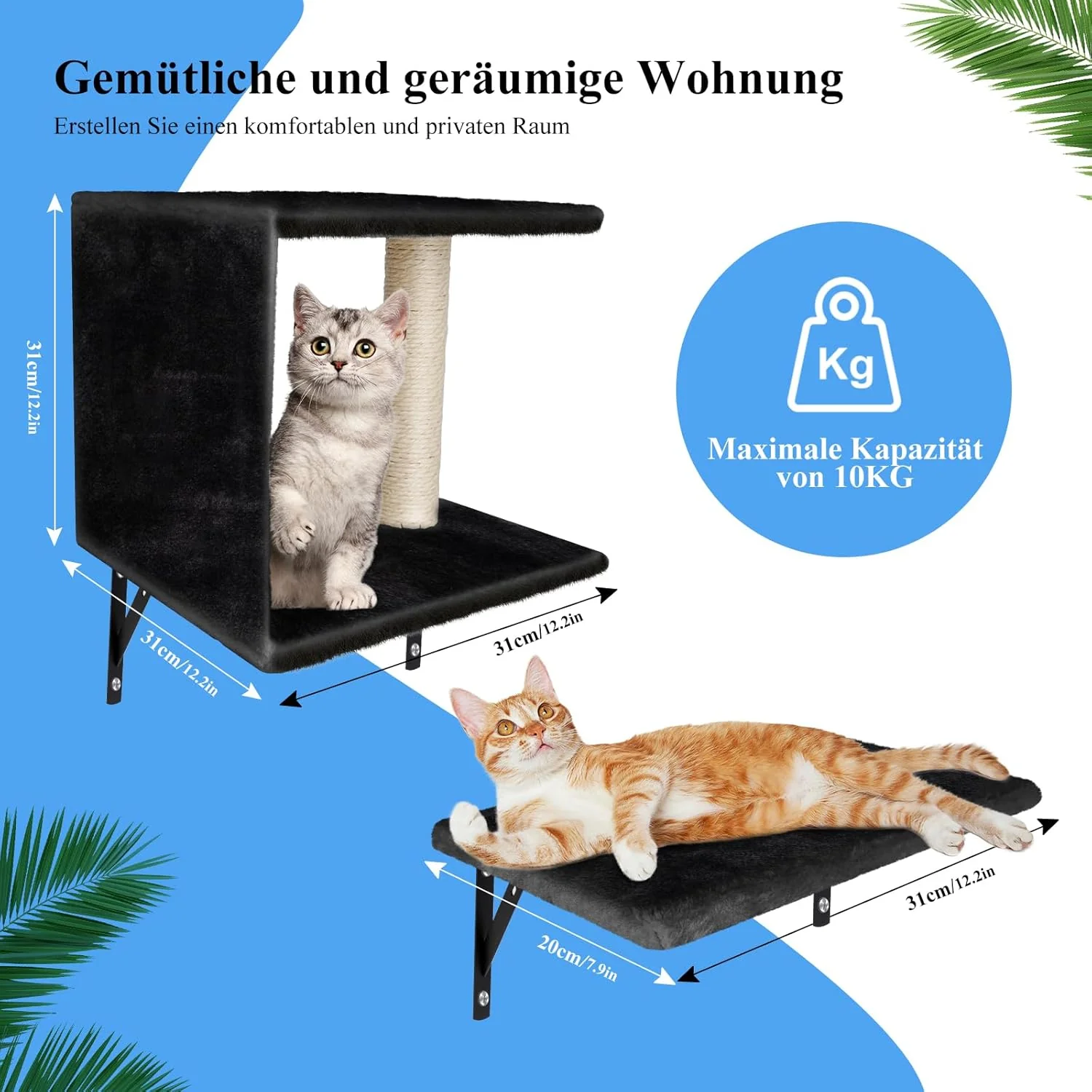 Zvonema Parete da arrampicata 10 pezzi-Amaca per gatti,Ponte sospeso con sisal antiscivolo,Tiragraffi con sisal,Riposo e mensola da parete da gioco con pallina,Parete da arrampicata per gatti fino a 10 kg