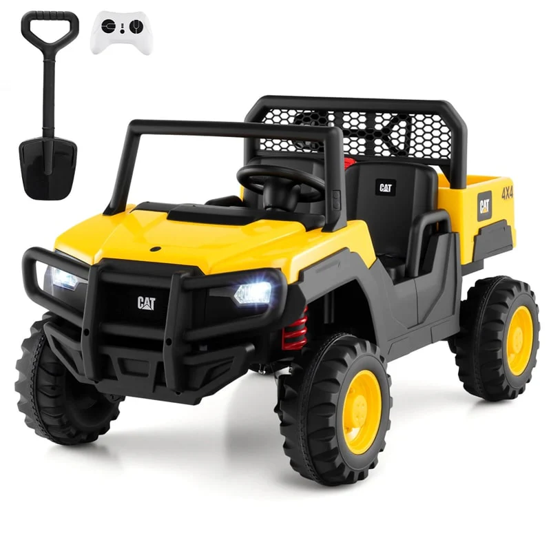 24V 4WD 2-Seater Ride on Dump Truck Licensed Caterpillar Electric Vehicle with Remote Control & Soft Start, Kids Ride On UTV Car with Dump Bed