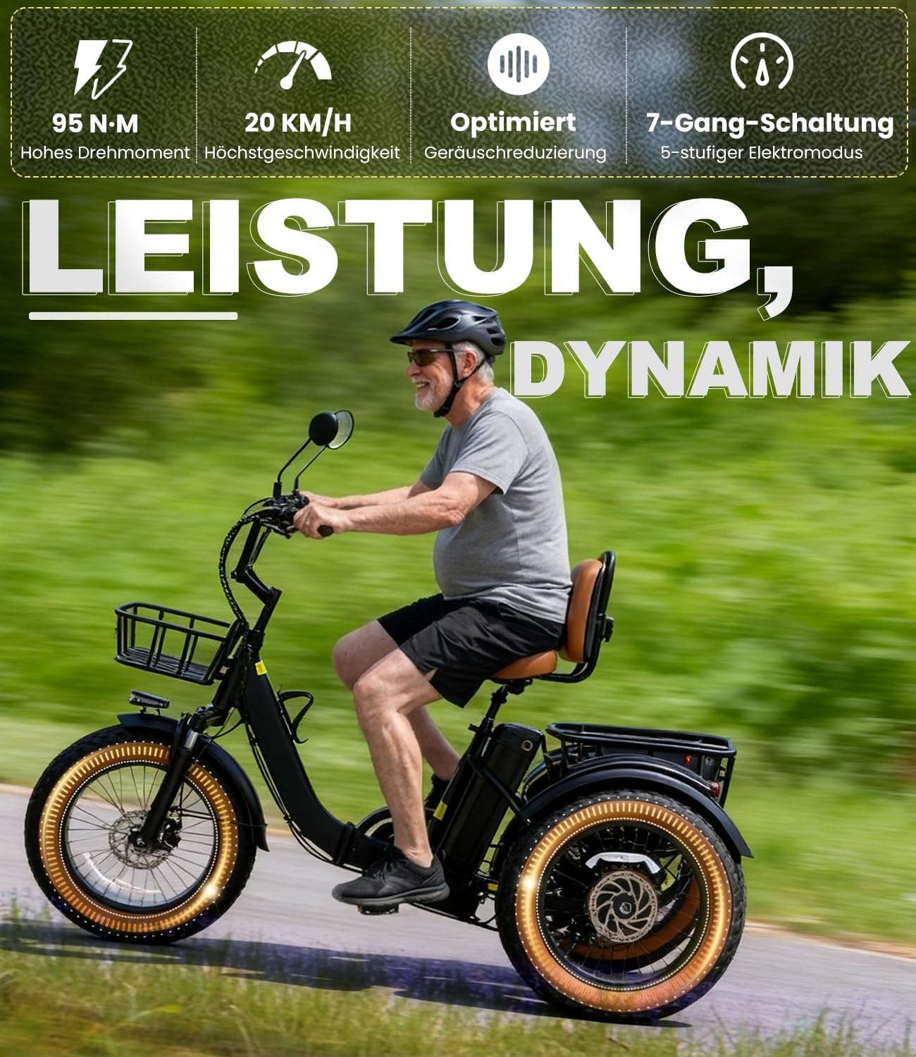 KAKIGO Elektro-Dreirad Für Erwachsene,20”x4” Fat Tires,Aluminium Faltbares E-Bike,250W Motor,95 Nm,48V 15.6Ah Akku,20 Km/h, Vorder-&Hinterkorb,Differenzial,90Km Reichweite