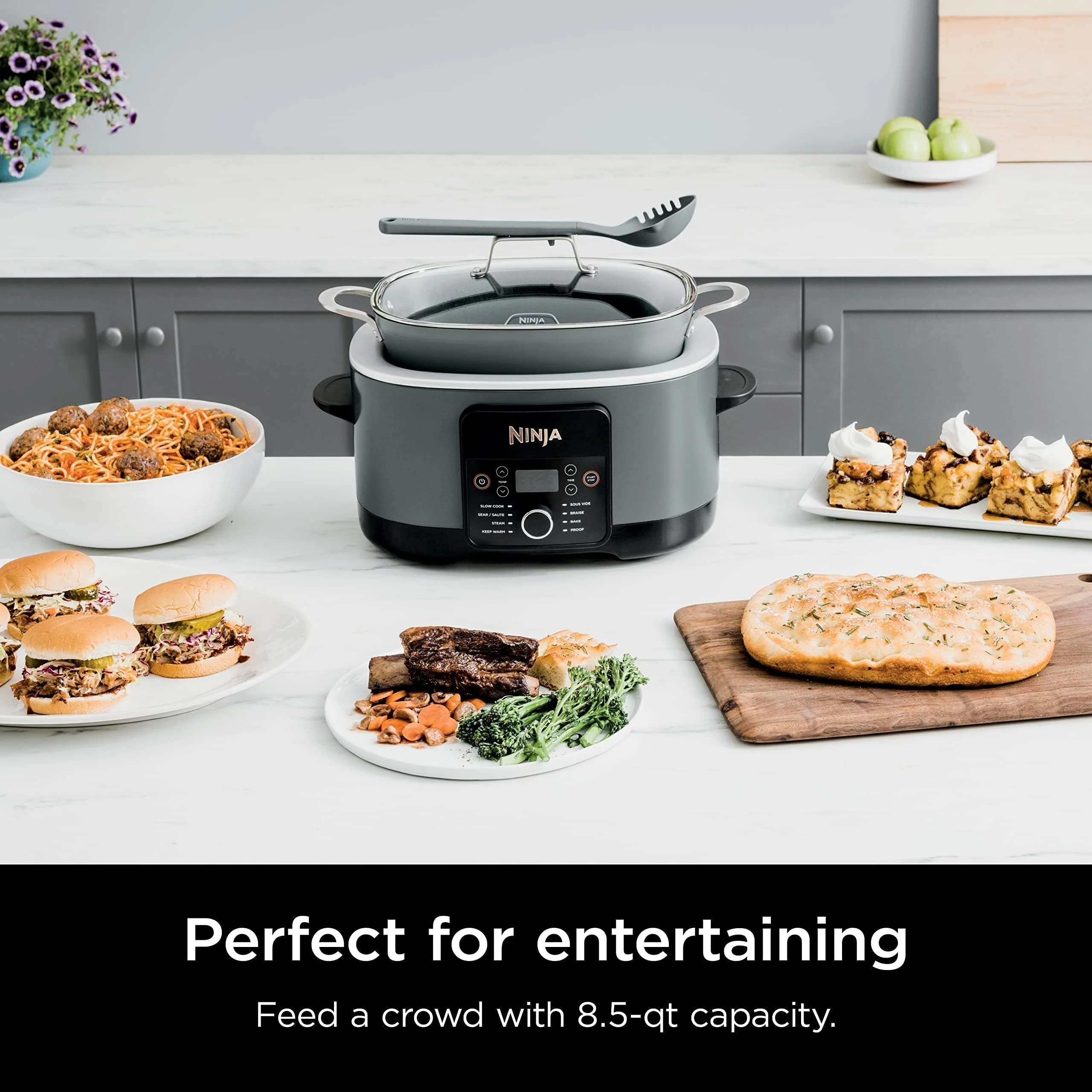 8.5 Quart Multi-Cooker, with 8-in-1 Slow Cooker, Dutch Oven, Steamer, Glass Lid, Integrated Spoon, Oven Safe Pot to 500°F