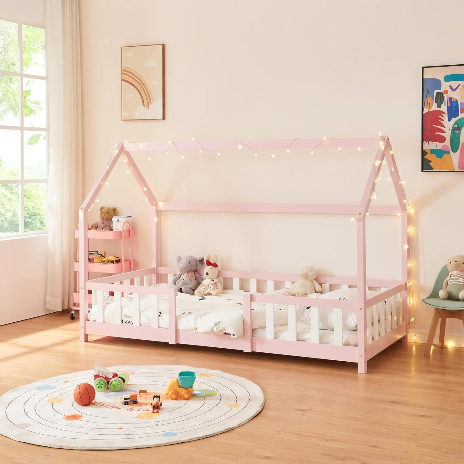[en.casa] Letto per bambini Sisimiut a capanna 80 x 160 cm con protezione anticaduta letto in legno per bambini letto a terra rete a doghe in legno di pino Bianco opaco