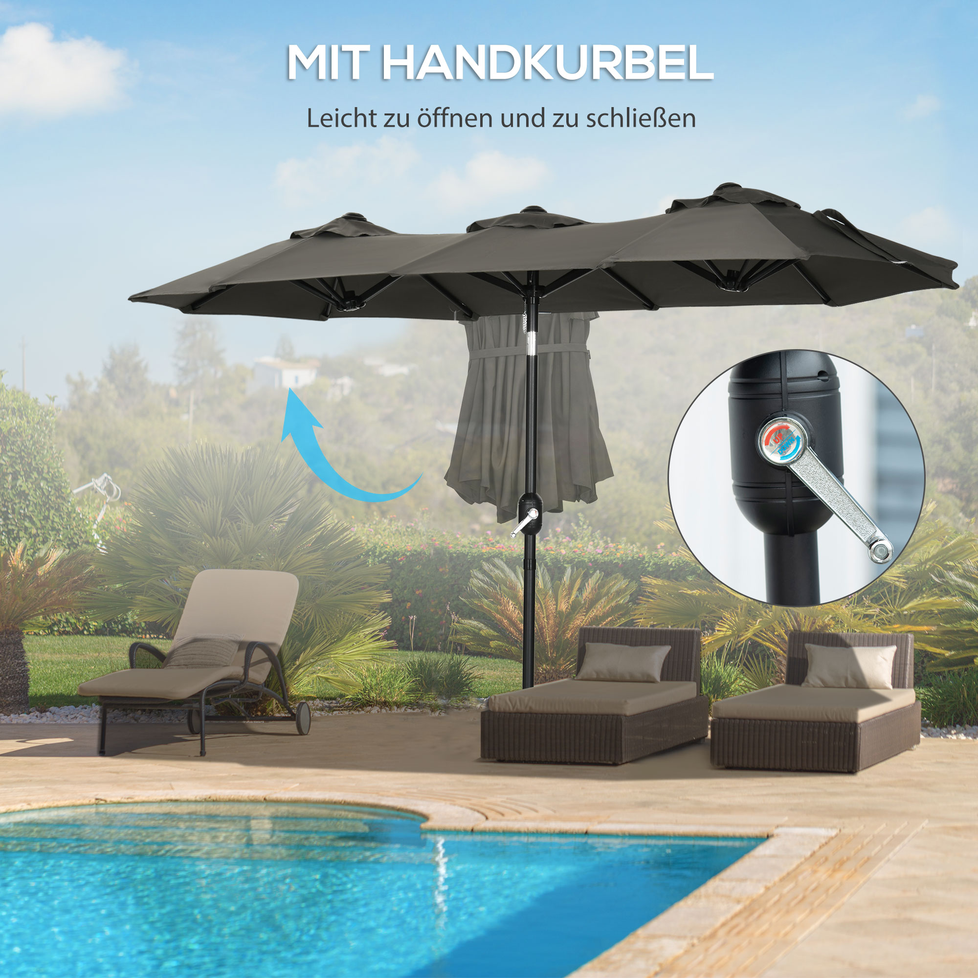 Outsunny parasol, tuinparasol, kantelbaar, met handslinger, winddak, polyester+staal, grijs, 285 x 147 cm