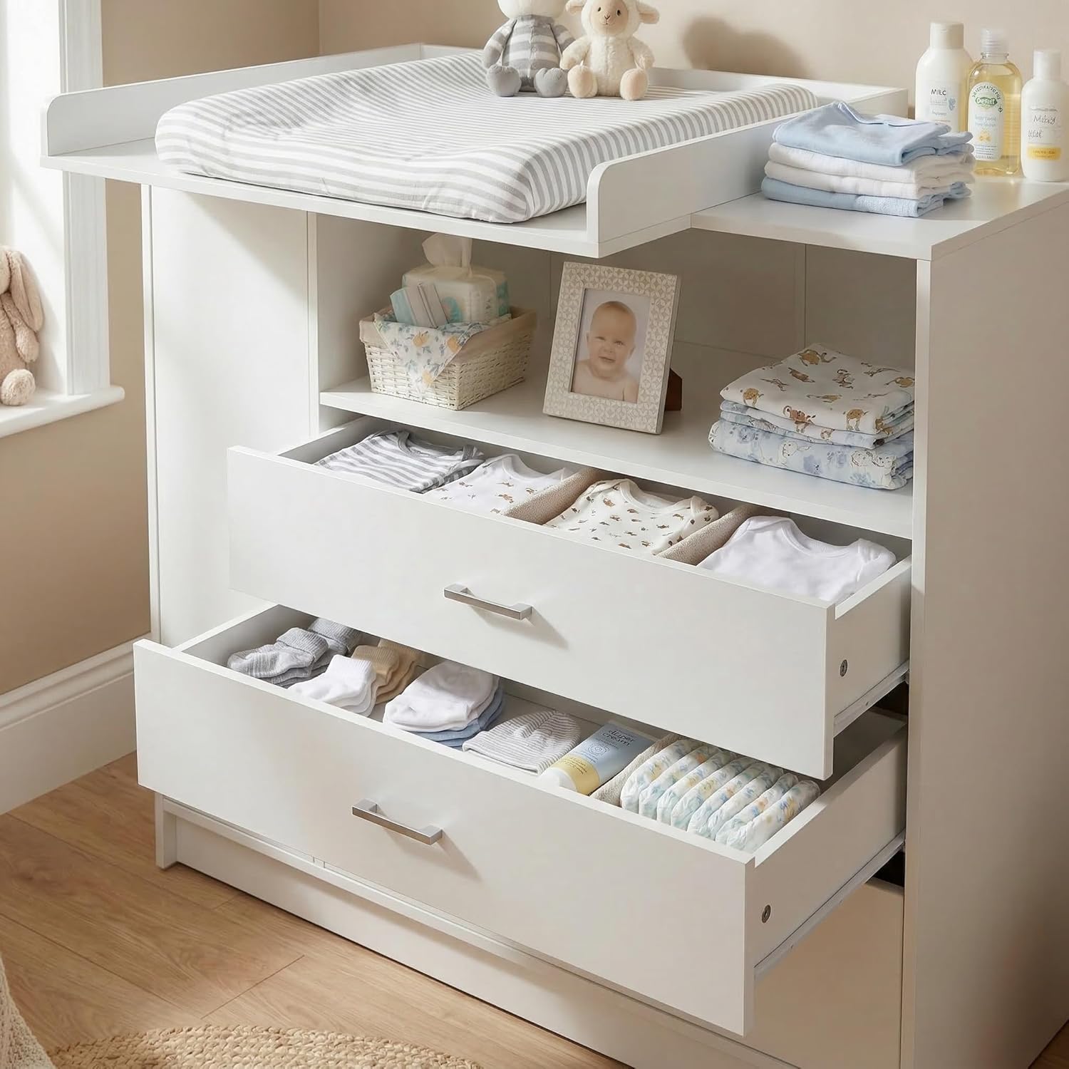 ecomi Wickelkommode Wickeltisch Baby Kommode aus Holz mit Wickelaufsatz, 3 Schubladen, 1 Tür, 100 cm Höhe in Weiß, Wickeltisch 113x100 cm Griffe verchromt