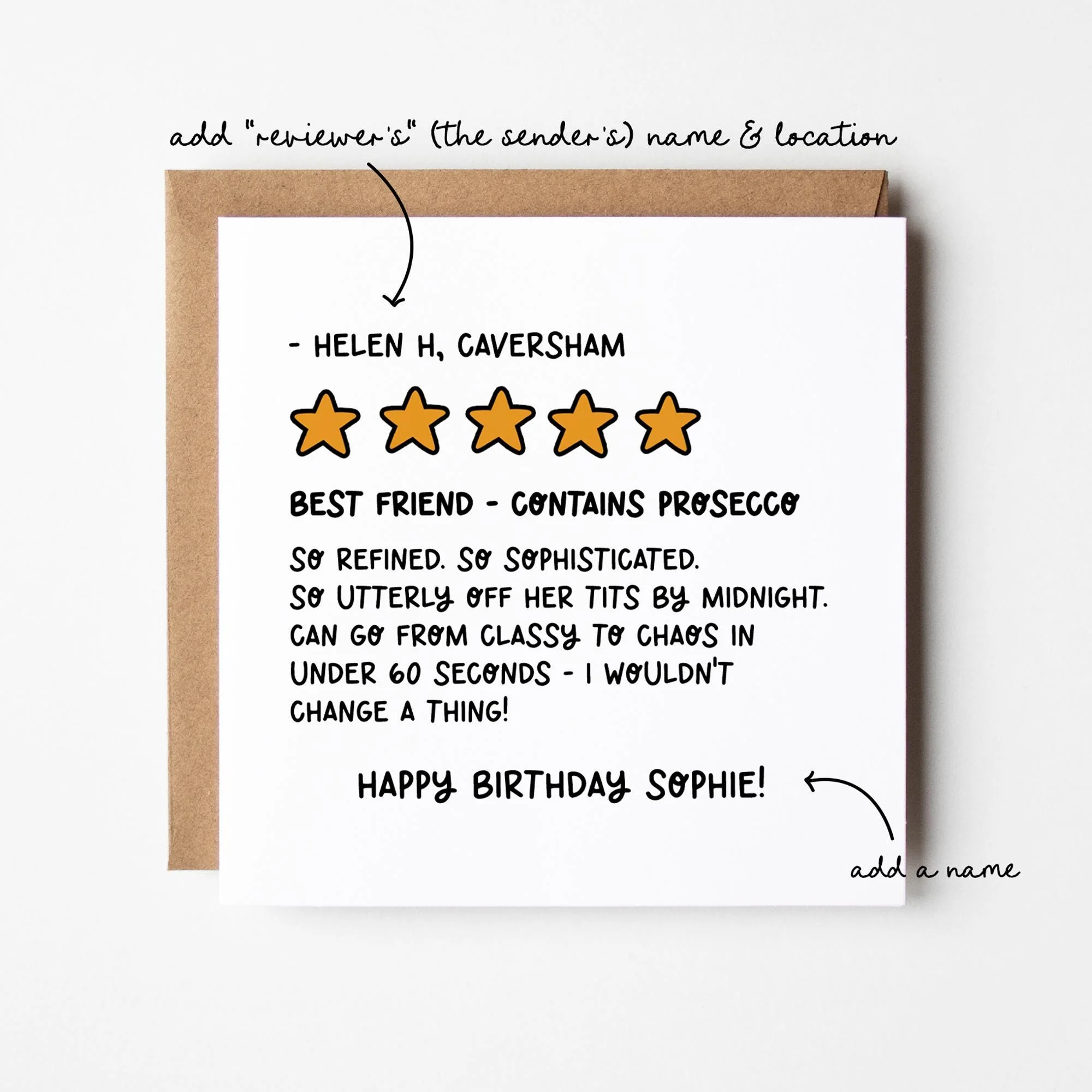 Best Friend Birthday Card: Funny, Prosecco Design, Personalised with Kraft envelope