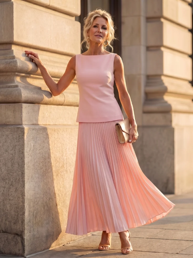 Women��s Two-Piece Set Structured Bodice with Pleated Full-Length Skirt