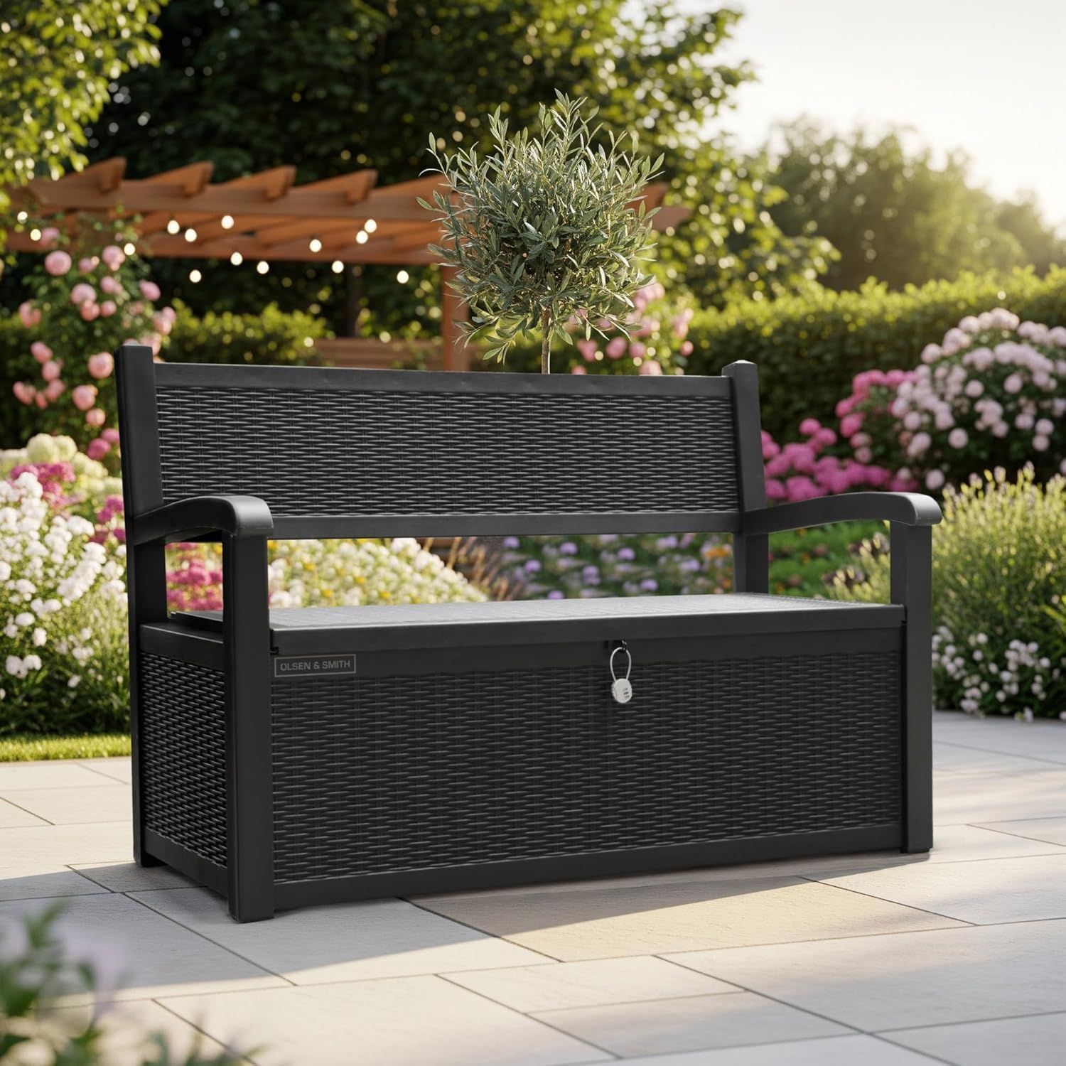 Olsen & Smith 265 Liter Gartenbank Wetterfest mit Stauraum Truhenbank Verschließbare Aufbewahrungsbox Auflagenbox Kunststoff Wetterbeständig Wasserdicht für Werkzeuge Spielzeug Decken und Mehr Schwarz